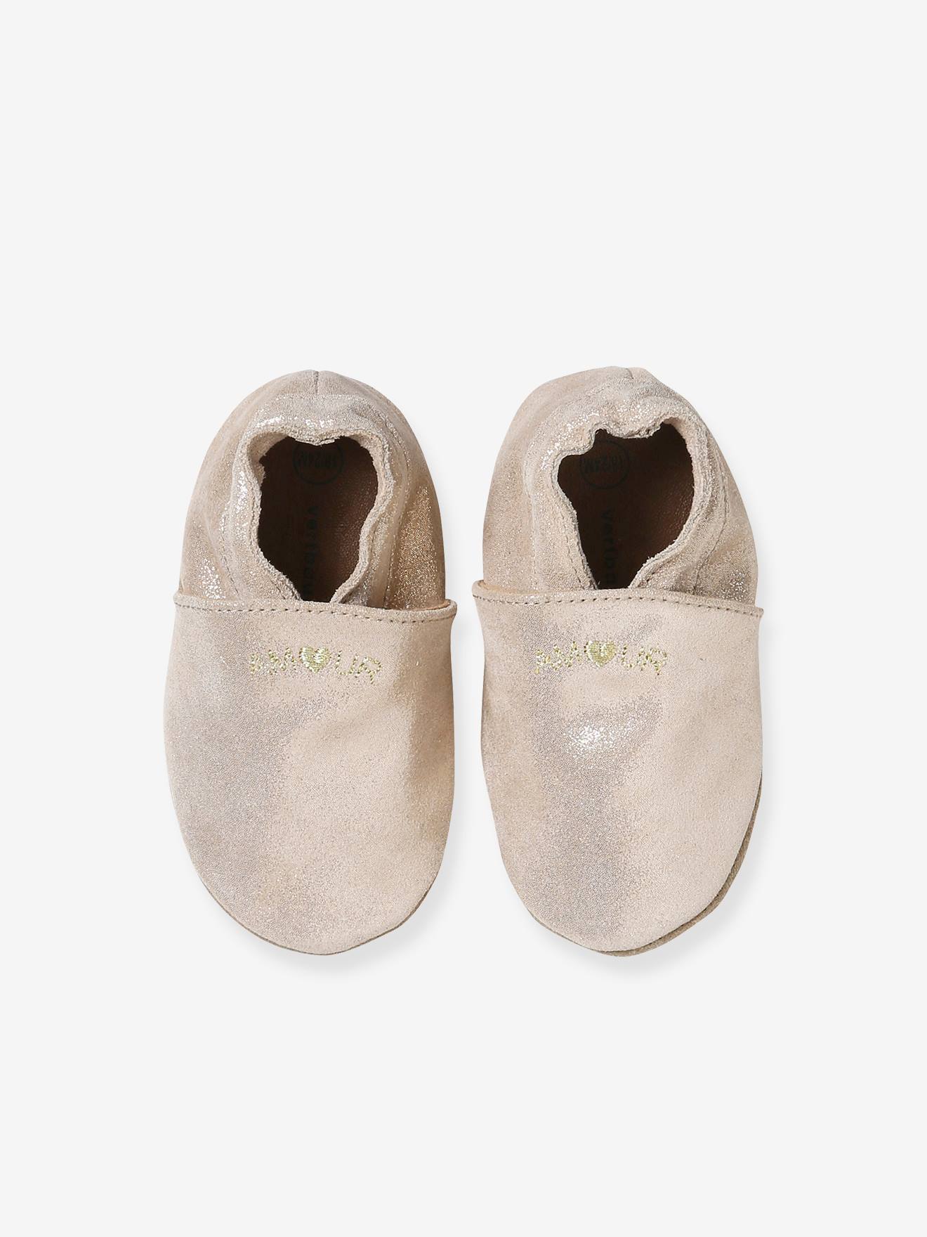 Chaussons élastiqués en cuir souple bébé or