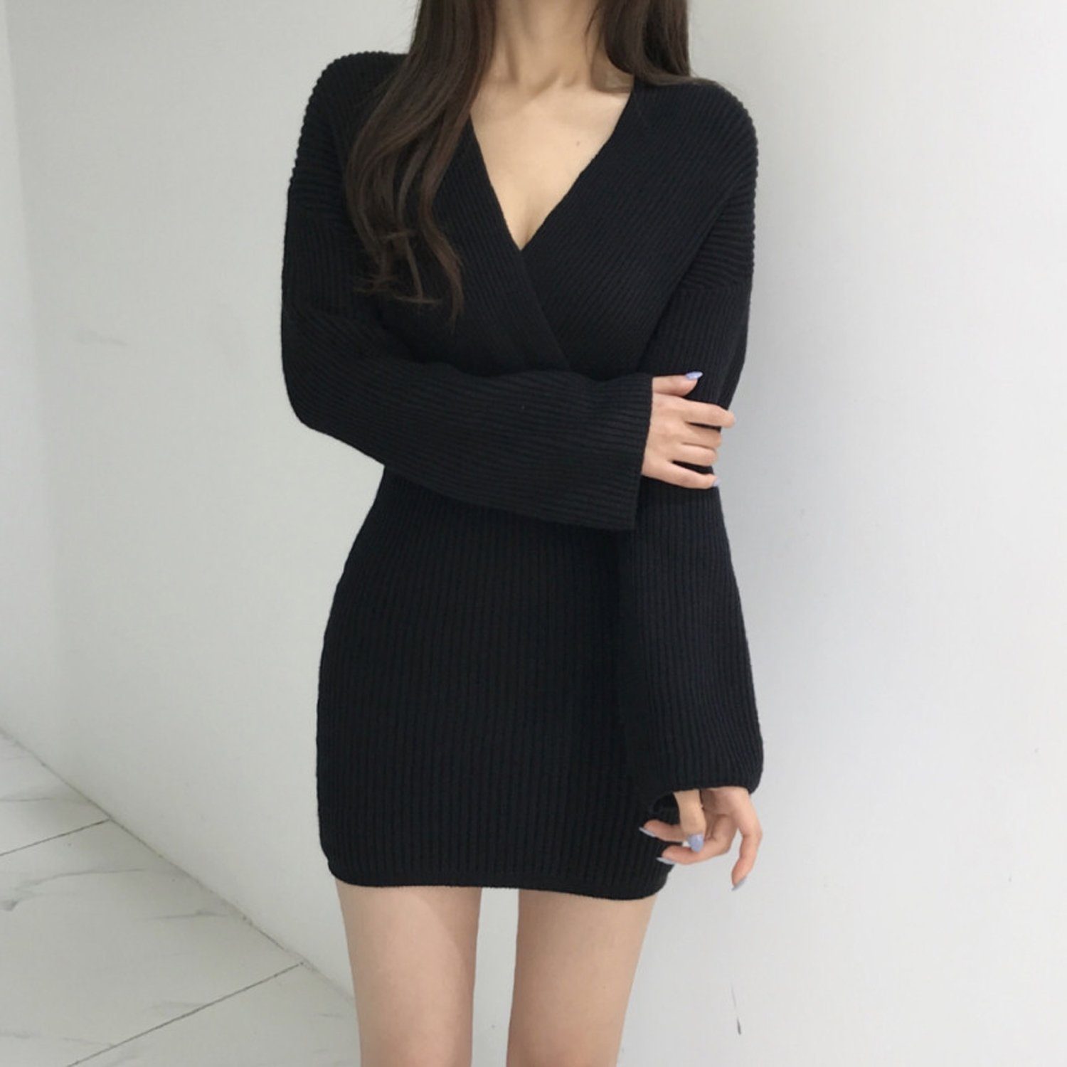 aikidio Stillkleid Sexy warmes schmales Strickkleid mit V-Ausschnitt
