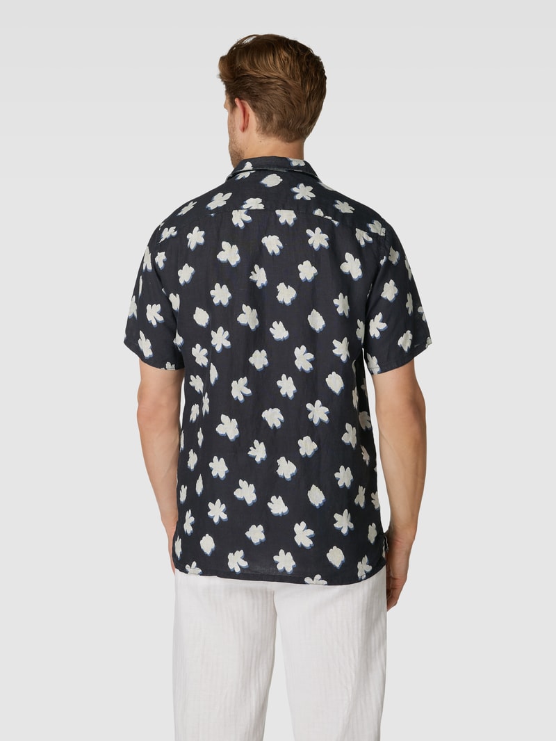 Leinenhemd mit floralem Allover-Muster Modell 'MONO FLOWER' in marineblau