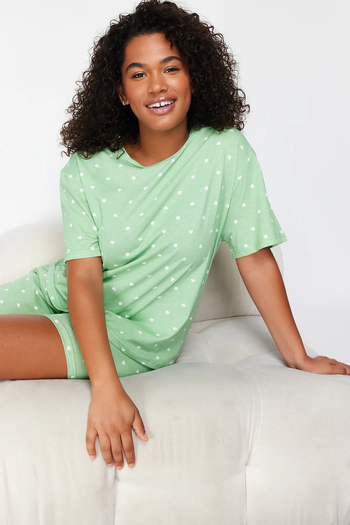 Trendyol Curve  Gestricktes Pyjama-Set mit Herzmuster in Mintgrün TBBSS24AI00025