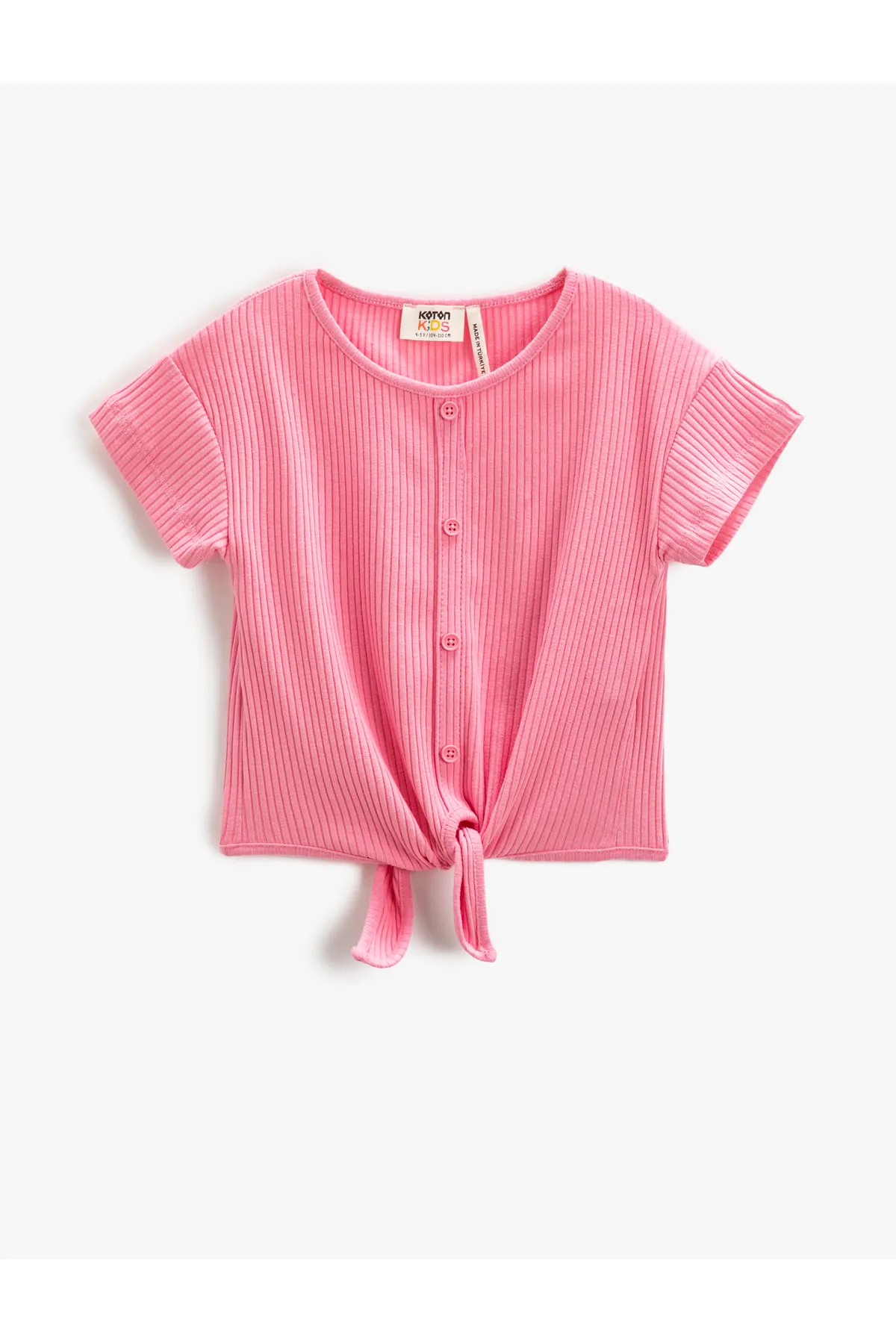 Koton  Basic Crop T-Shirt mit gebundener Taille, gerippten Knöpfen und kurzen Ärmeln