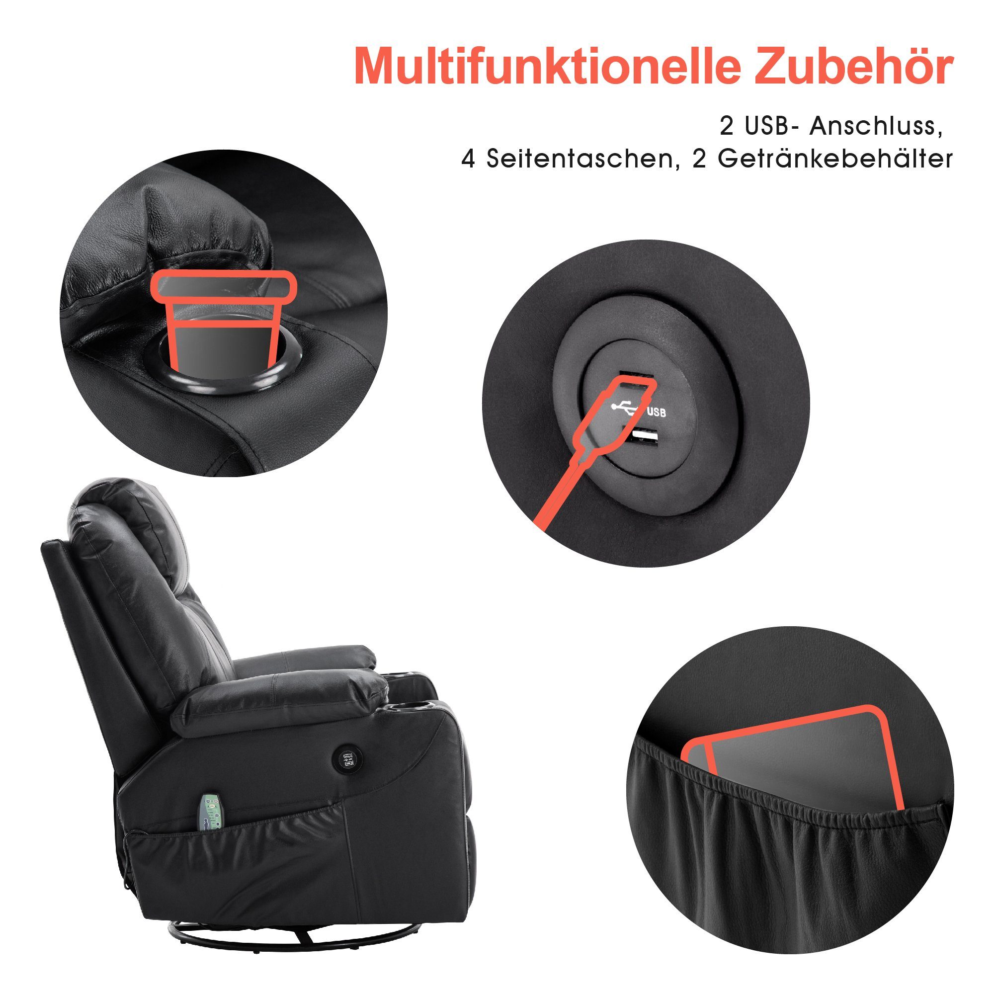 MCombo Relaxsessel MCombo Leder Massagesessel Relaxsessel 7050, manuell, mit Heizung, 360° drehbar und schwenkbar, Leder, Schwarz