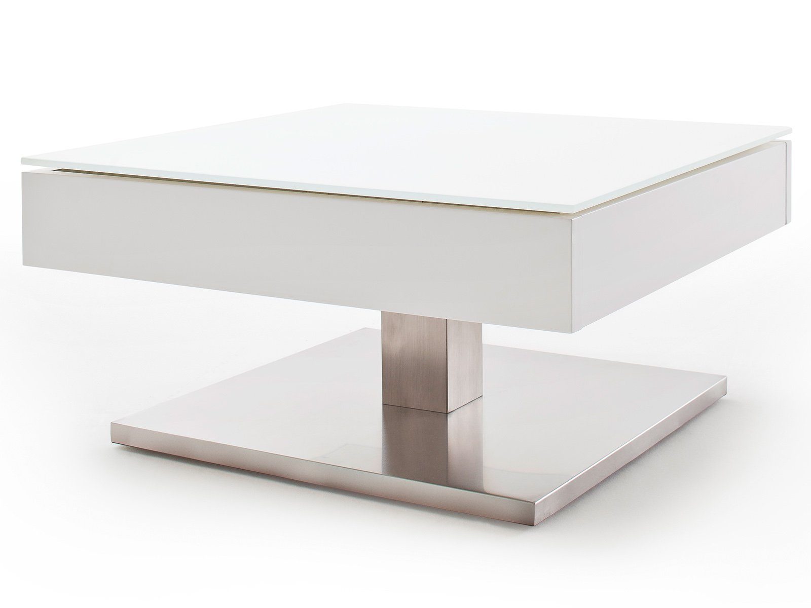 möbelando Couchtisch Marcie, Moderner Couchtisch aus MDF in Weiß matt lackiert, Deckplatte aus Sicherheitsglas, Sockel aus Metall in Edelstahl-Optik gebürstet mit MDF Kern. Breite 75 cm, Höhe 38 cm, Tiefe 75 cm