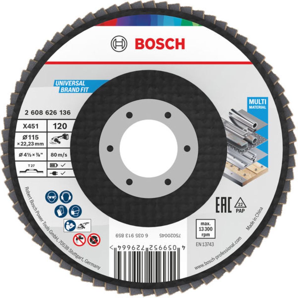 Bosch Blue Zubehör 2608626136 Lamellenschleifscheibe X451 Multi Material Ø115 mm Körnung 120 gerade Ausführung