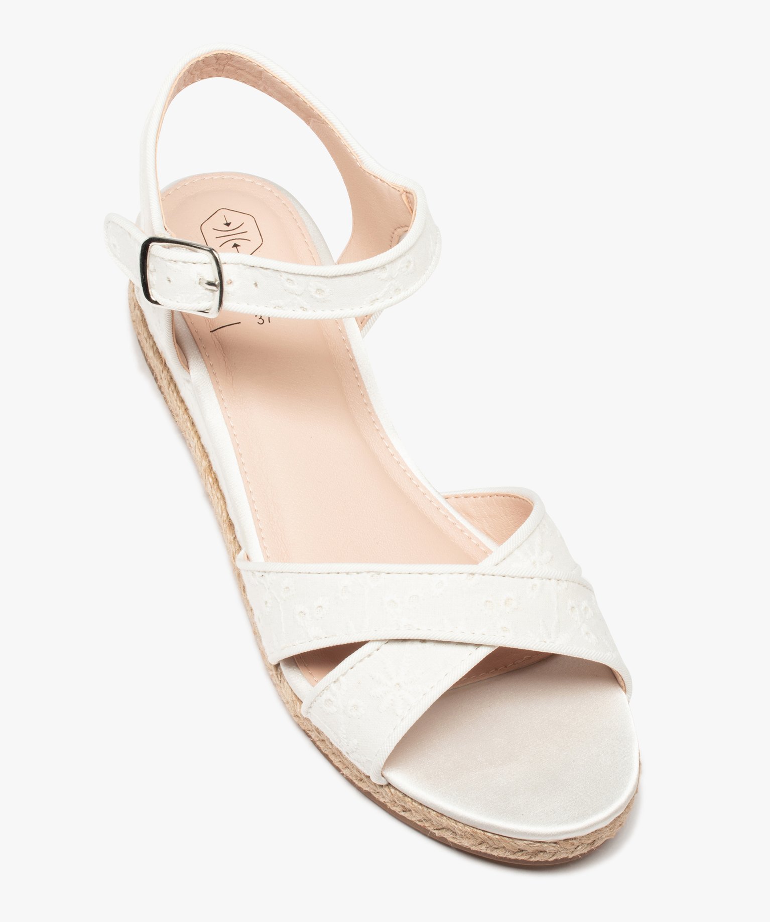 Sandales femme à petit talon compensé dessus dentelle angl... blanc | GEMO