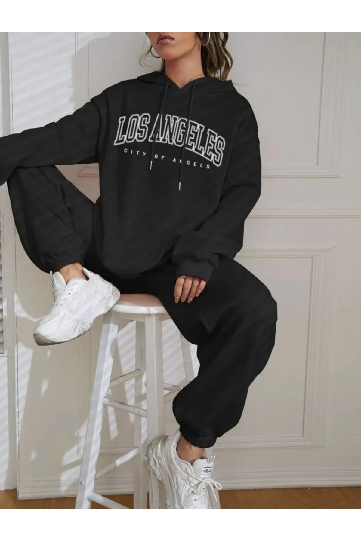 My Blog  Schwarzes Los Angeles-Trainingsanzugset mit Kapuze für Damen