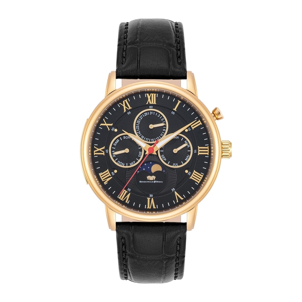 Rhodenwald & Söhne Multifonctions Moontime II Or jaune Cuir véritable en Noir Montre