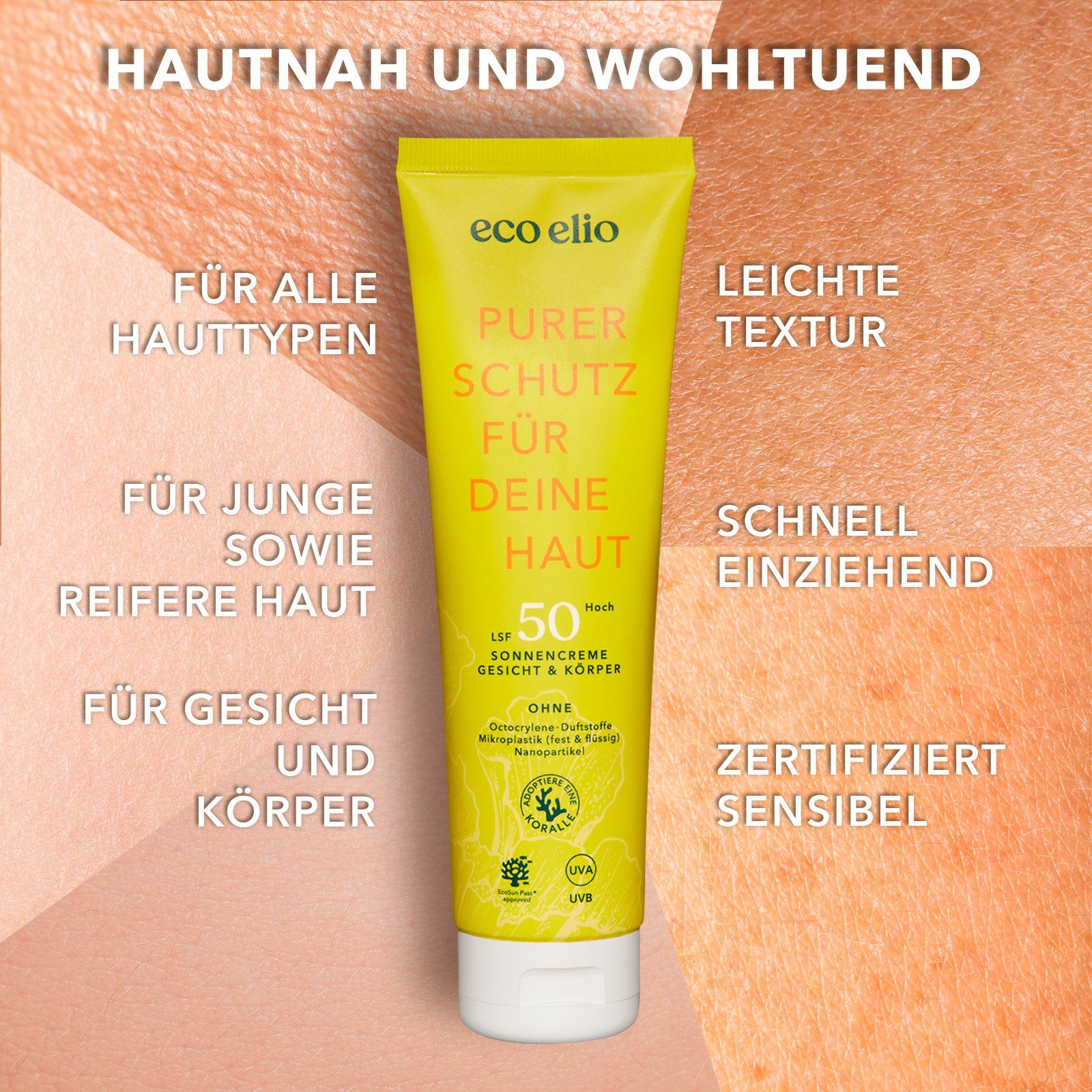 eco elio Sonnenschutzcreme hautverträglich, Tube 150ml, LSF 50, Tube, LSF50, SPF50, schnell einziehend, nachhaltig, Eco Produkt & Verpackung