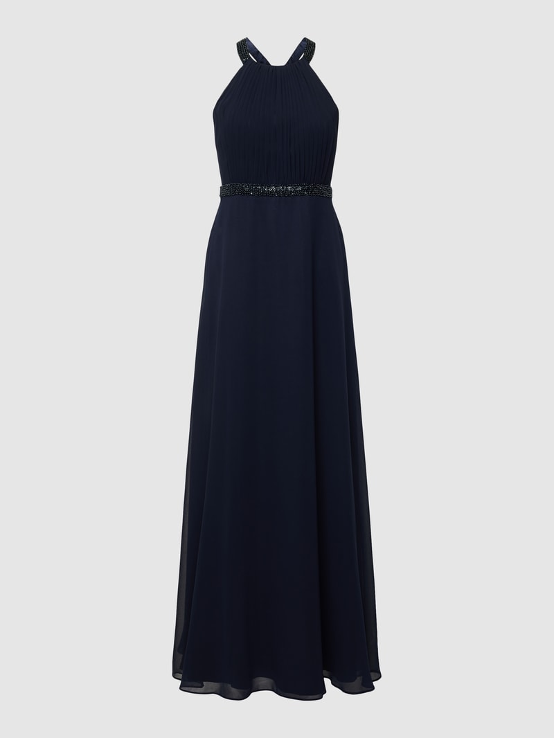 Abendkleid mit Ziersteinbesatz und Raffungen in marineblau