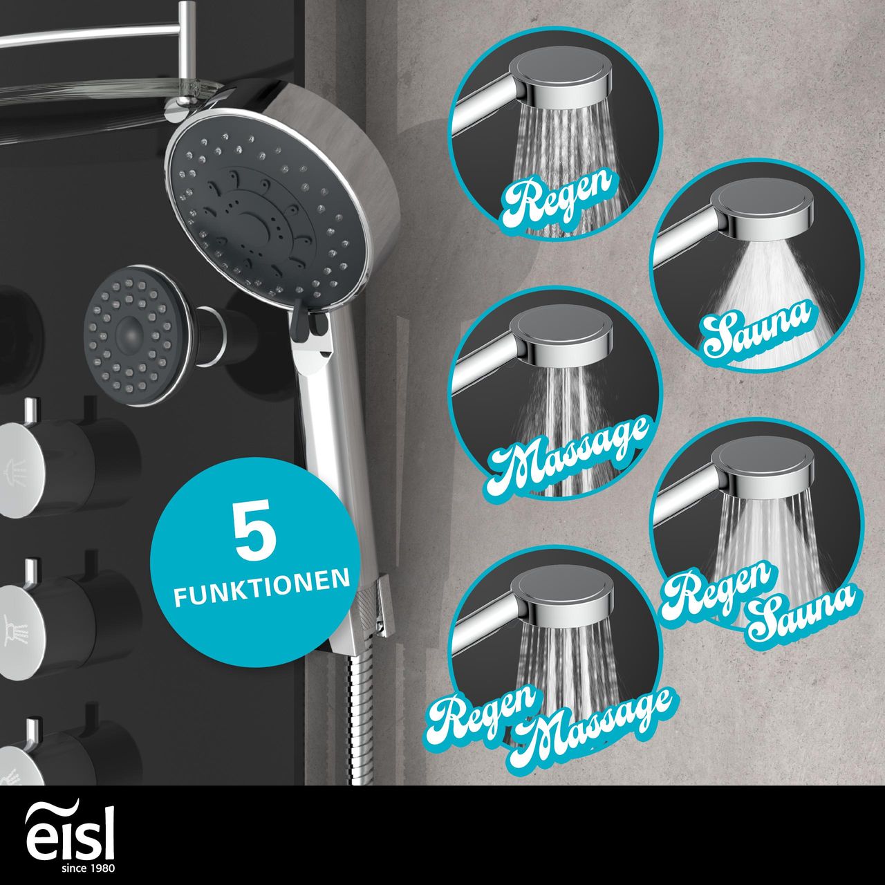 Eisl Duschpaneel KARIBIK, Wellnessdusche 3 in 1 mit Regendusche, sechs Massagedüsen und Handbrause