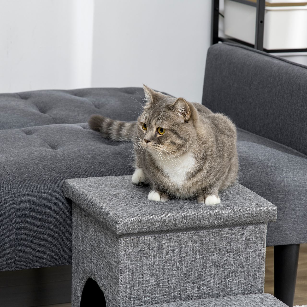 PawHut Hundetreppe, 3 Stufige Katzentreppe mit Höhle, 3-in-1 Tiertreppe Hellgrau