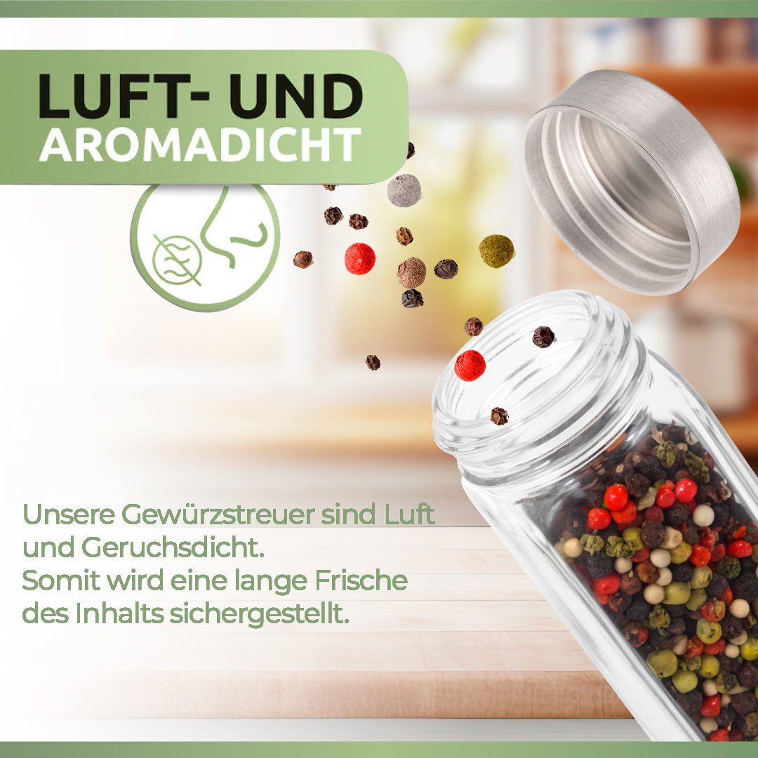 PORADA Gewürzbehälter Gewürzstreuer 120 ml Edelstahl Deckel x172 Etiketten Stift & Trichter, (Set, 24-tlg., 24x Gewürzstreuer 120ml, 120x Aufkleber vorgedruckt, 52x Aufkleber Blank), platzsparend, Edelstahl, luftdicht, aromenneutral