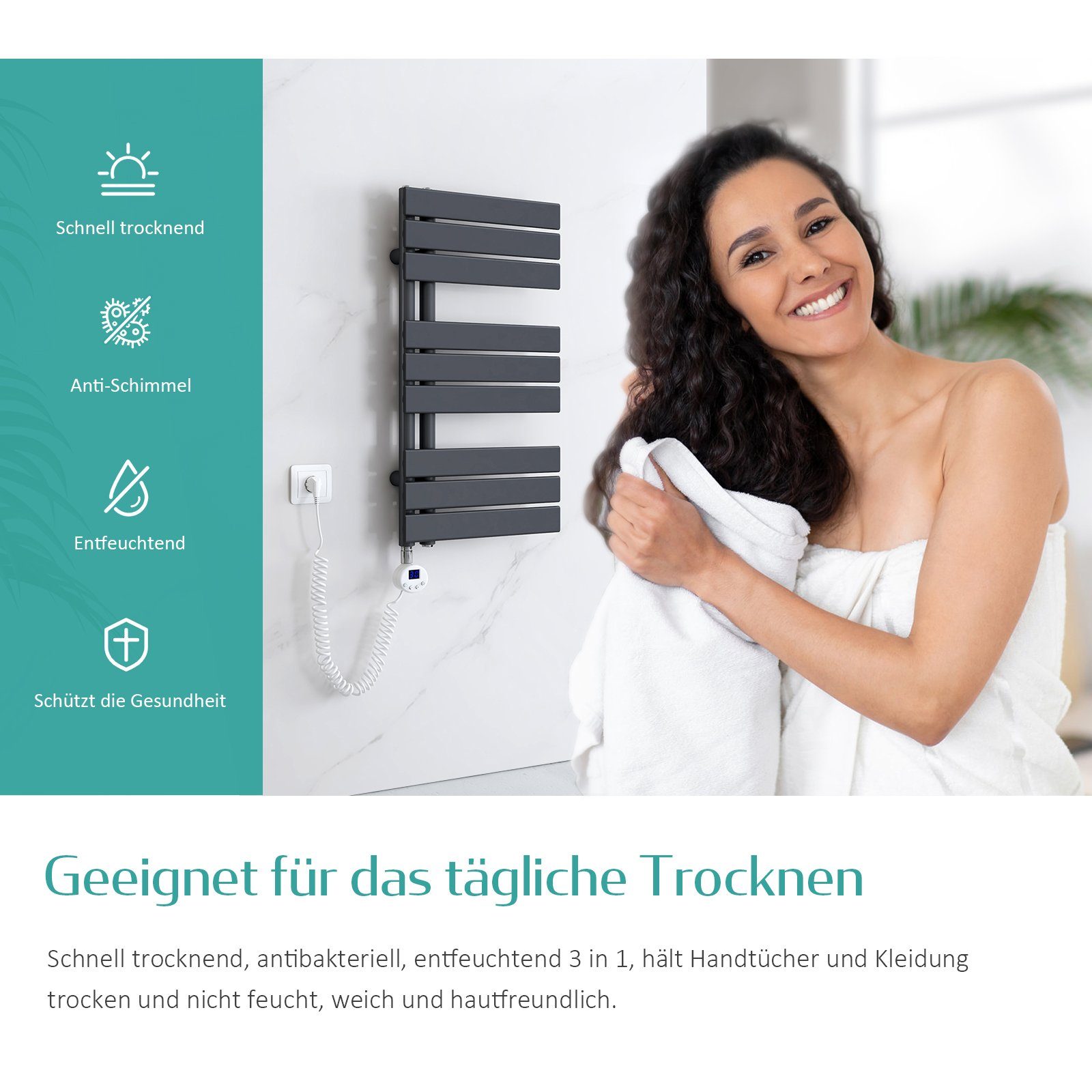 EMKE Elektrischer Badheizkörper EMKE Badheizkörper Elektrisch mit Thermostat Anthrazit, Elektrischer Panel Handtuchhalter inkl Heizstab mit timer
