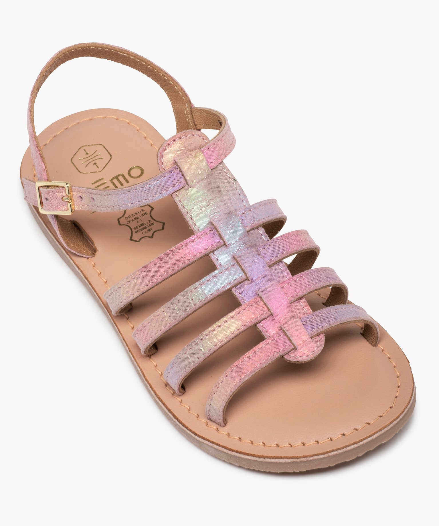 Sandales fille à brides multiples en cuir reflets irisés rose | GEMO