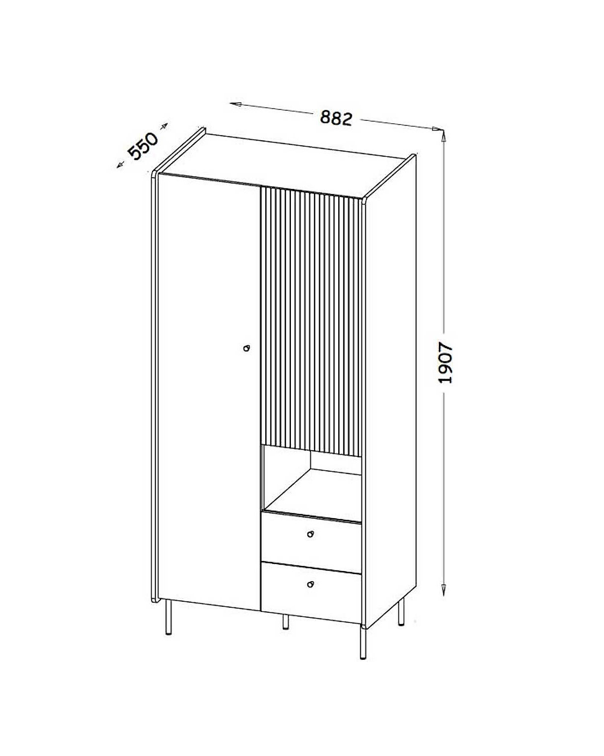 Kleiderschrank Drehtürenschrank Pereto 88x55x190cm 2-türig mit 2 Schubladen
