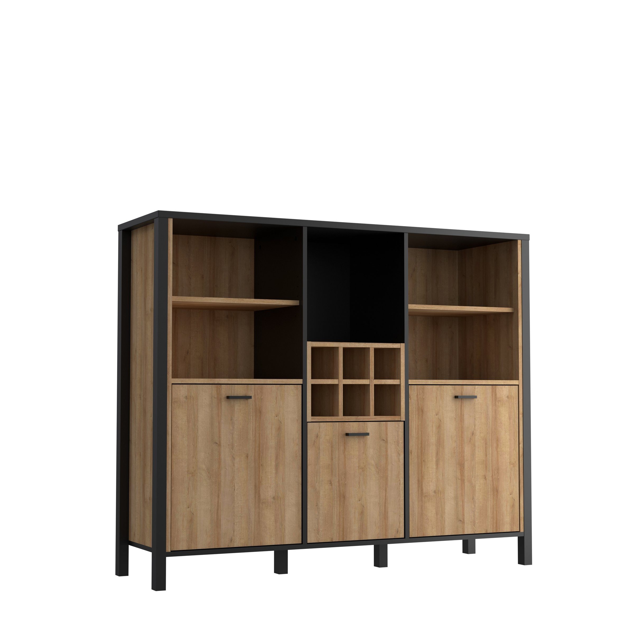 möbelando Barschrank Hialeah Barschrank im Industrial-Design aus Spanplatte in Riviera Eiche Nachbildung, Gestell in Schwarz mit 3 Holztüren, 4 Einlegeböden, 6 Flaschenfächern und 5 offenen Fächern. Breite 139,4 cm, Höhe 117,1 cm, Tiefe 40,2 cm