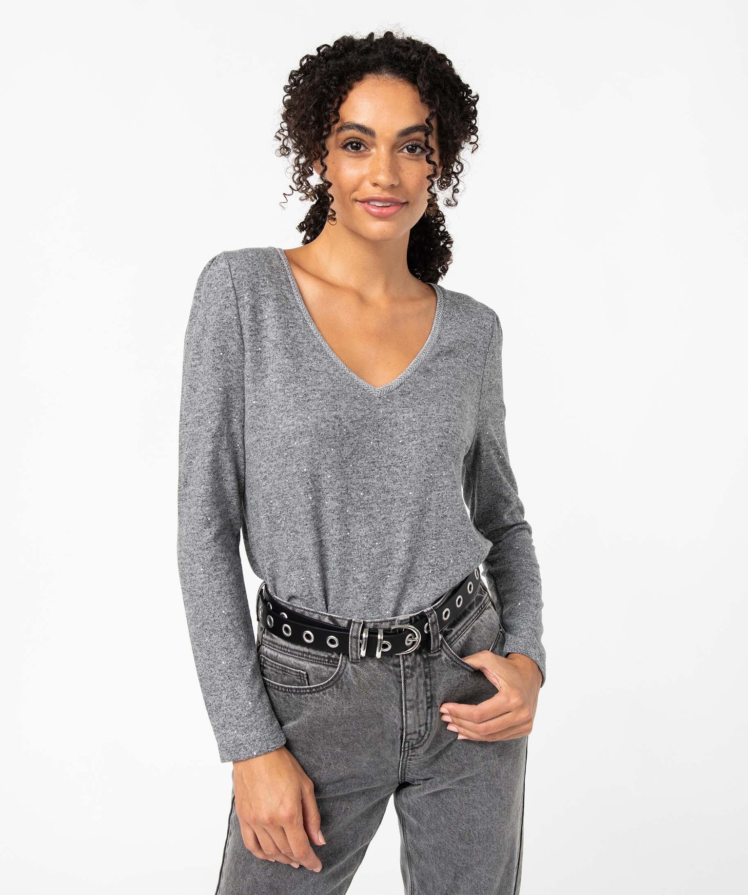 Tee-shirt femme à manches longues avec col V et motif scint... gris | GEMO