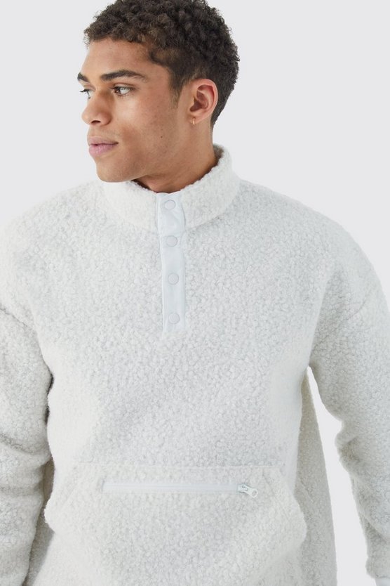 Oversize Bouclee Sweatshirt mit 1/4 Knöpfen und Trichterkragen