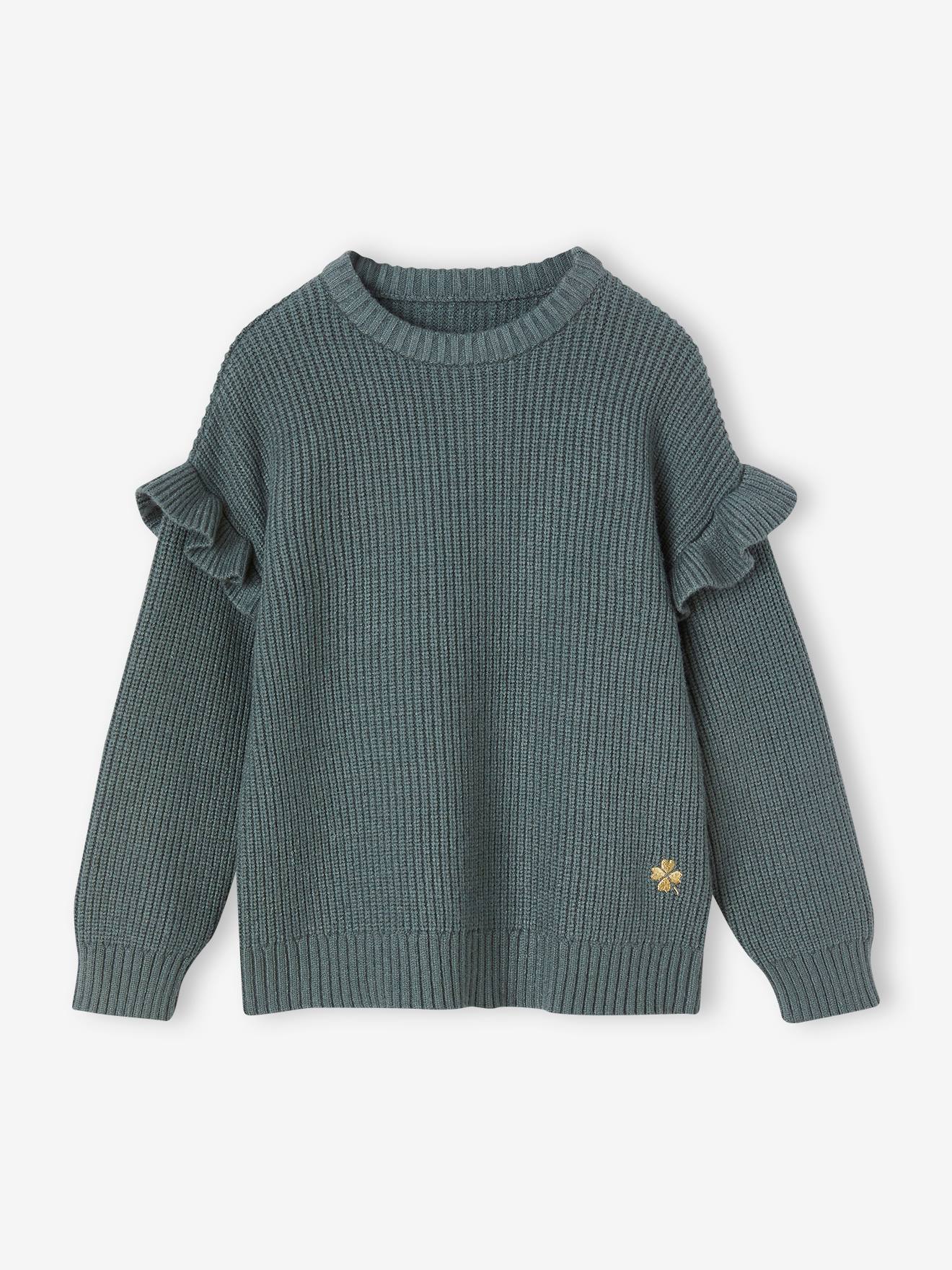 Pull manches volantées fille rayé marron