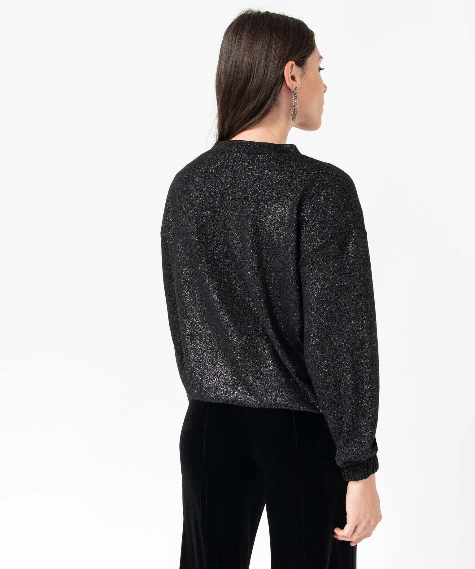 Pull femme à col V en maille pailletée noir | GEMO