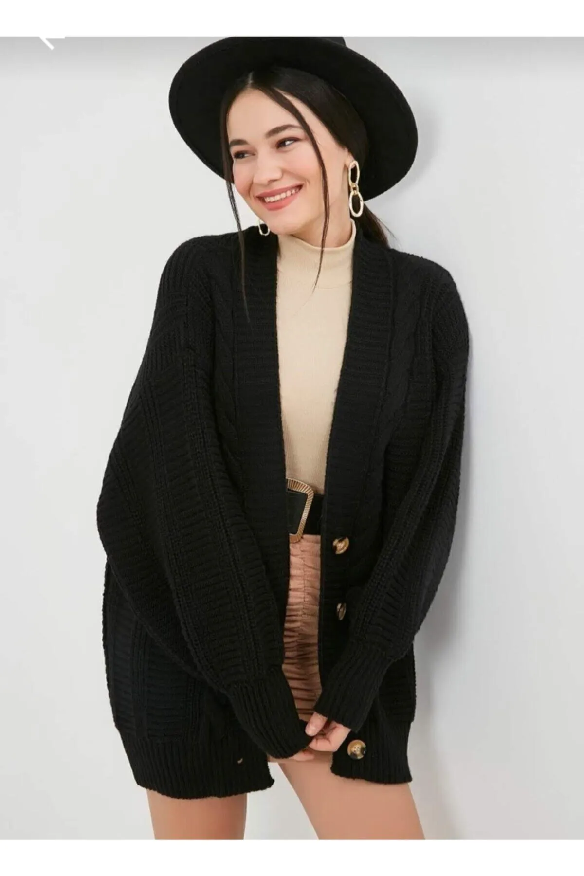 Nazende Stil  Gestrickter lockerer Damen-Cardigan – Schwarz