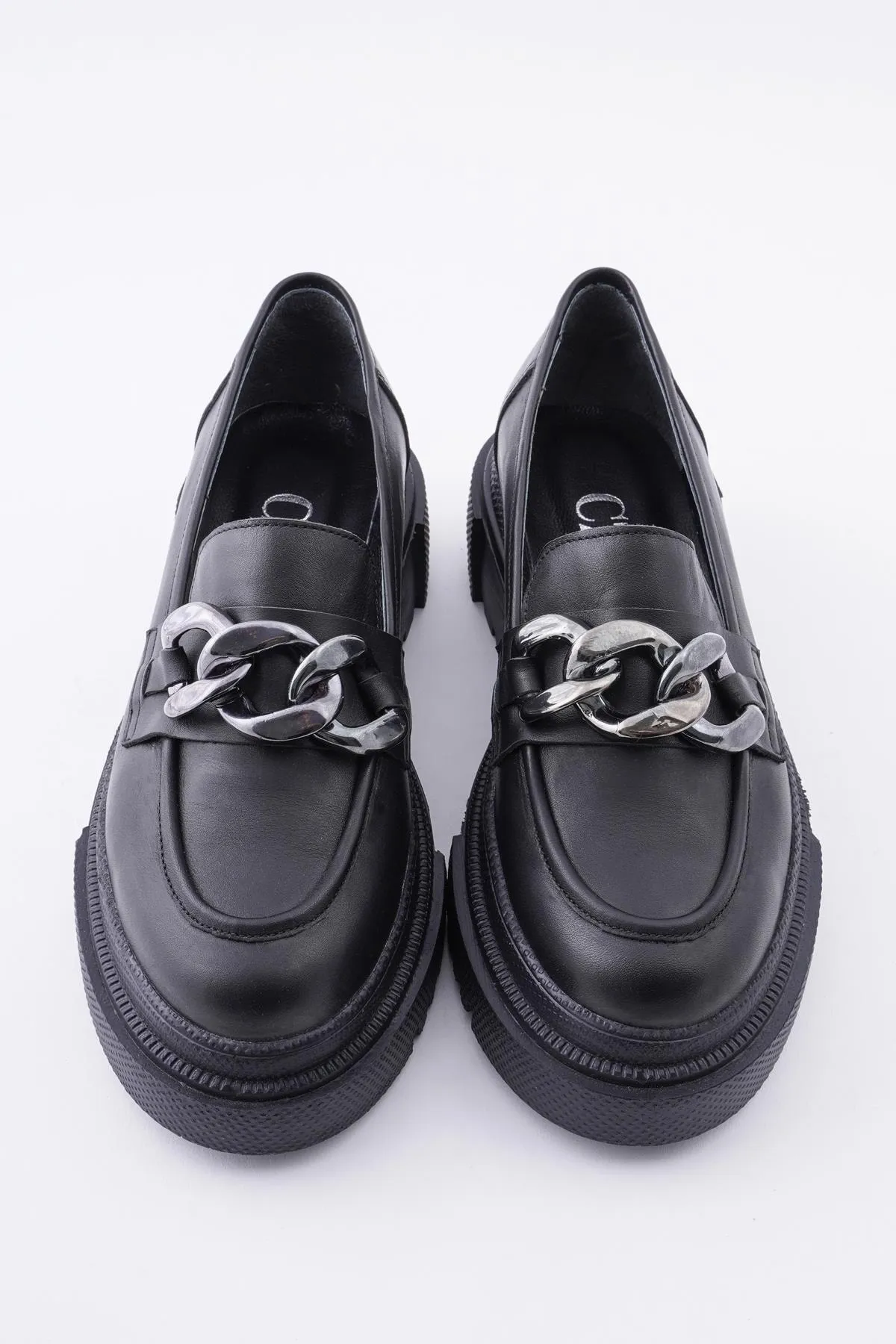 CZ London  Loafer-Schuhe aus echtem Leder für Damen mit Kette und dicker Sohle