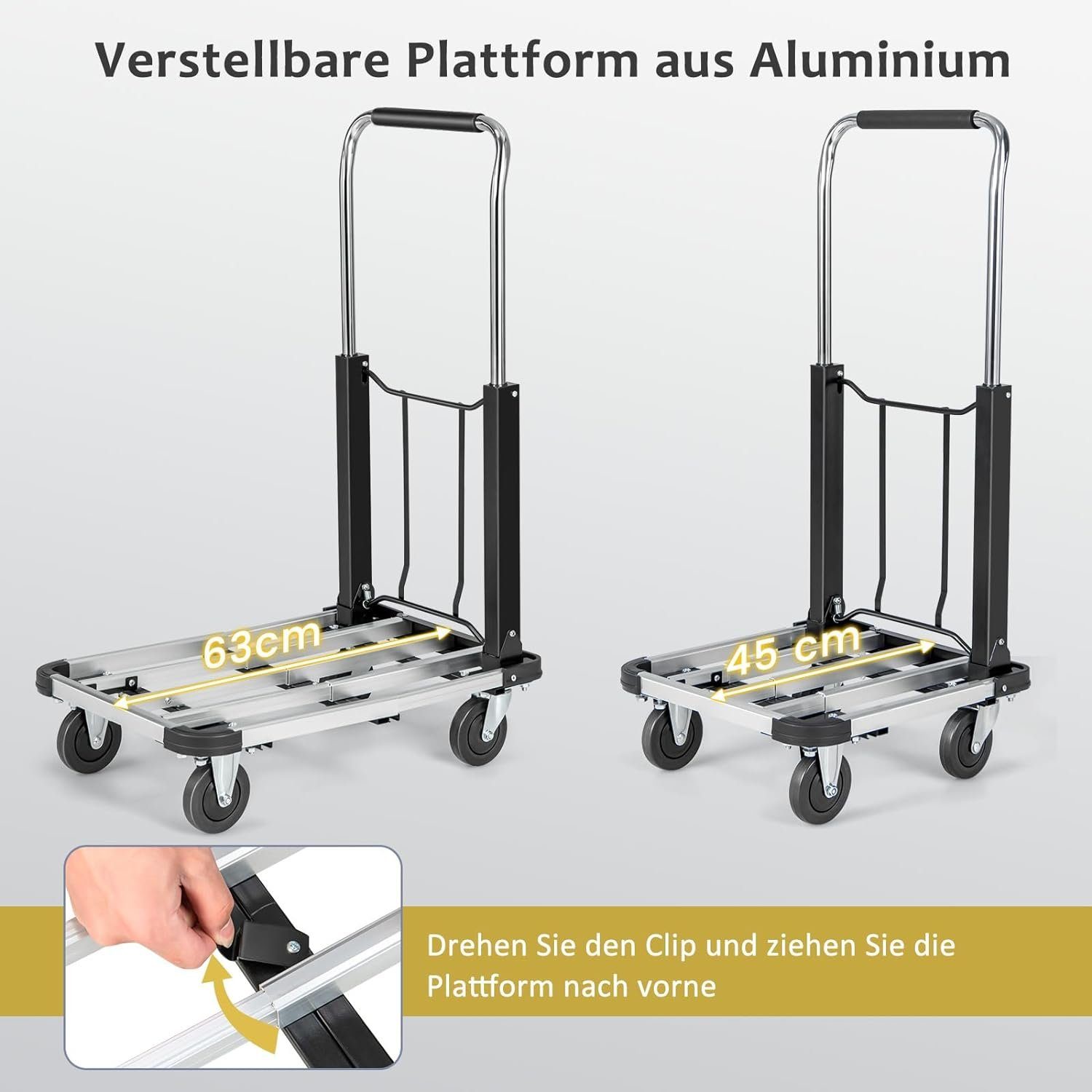 KOMFOTTEU Transportwagen klappbar, mit verstellbarem Griff & Platte, bis 150kg
