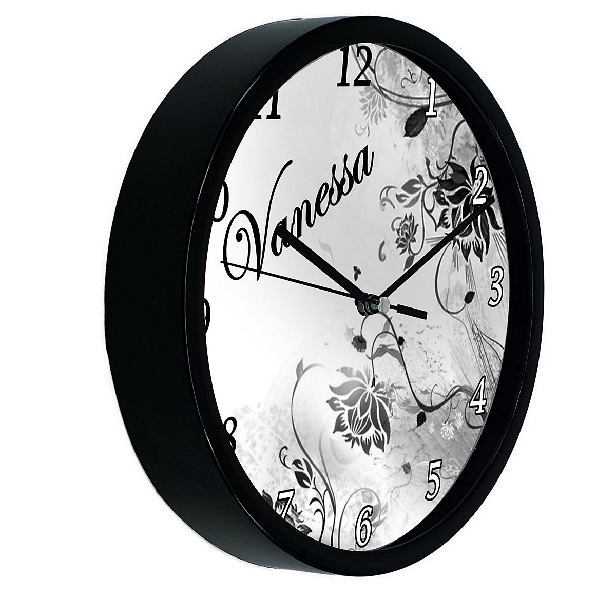 Kinder Wanduhr personalisiert mit Name Blumenranke Schwarz