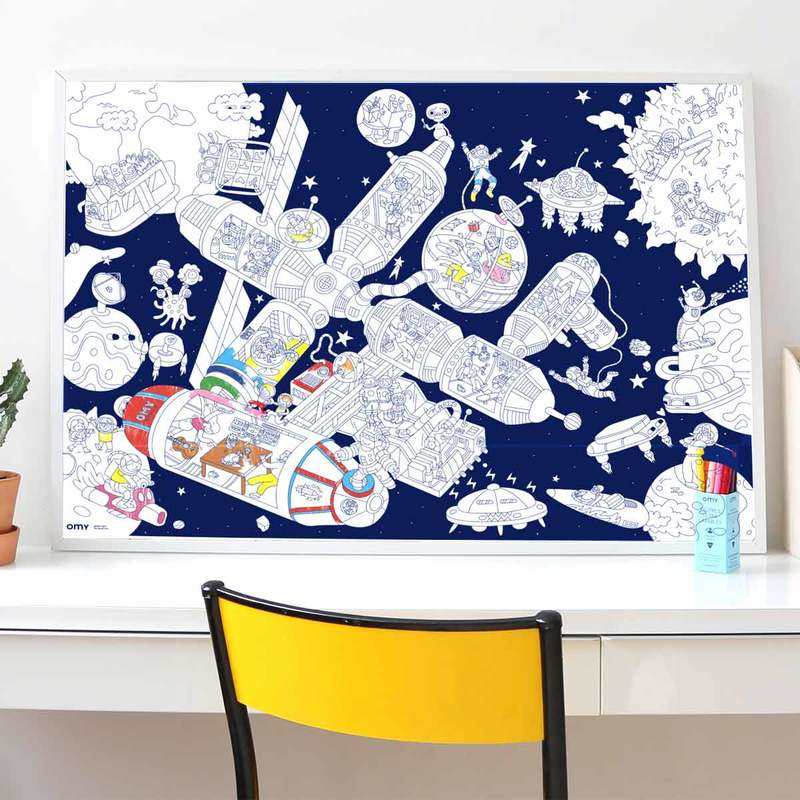 Poster à colorier, Space station et stickers - OMY
