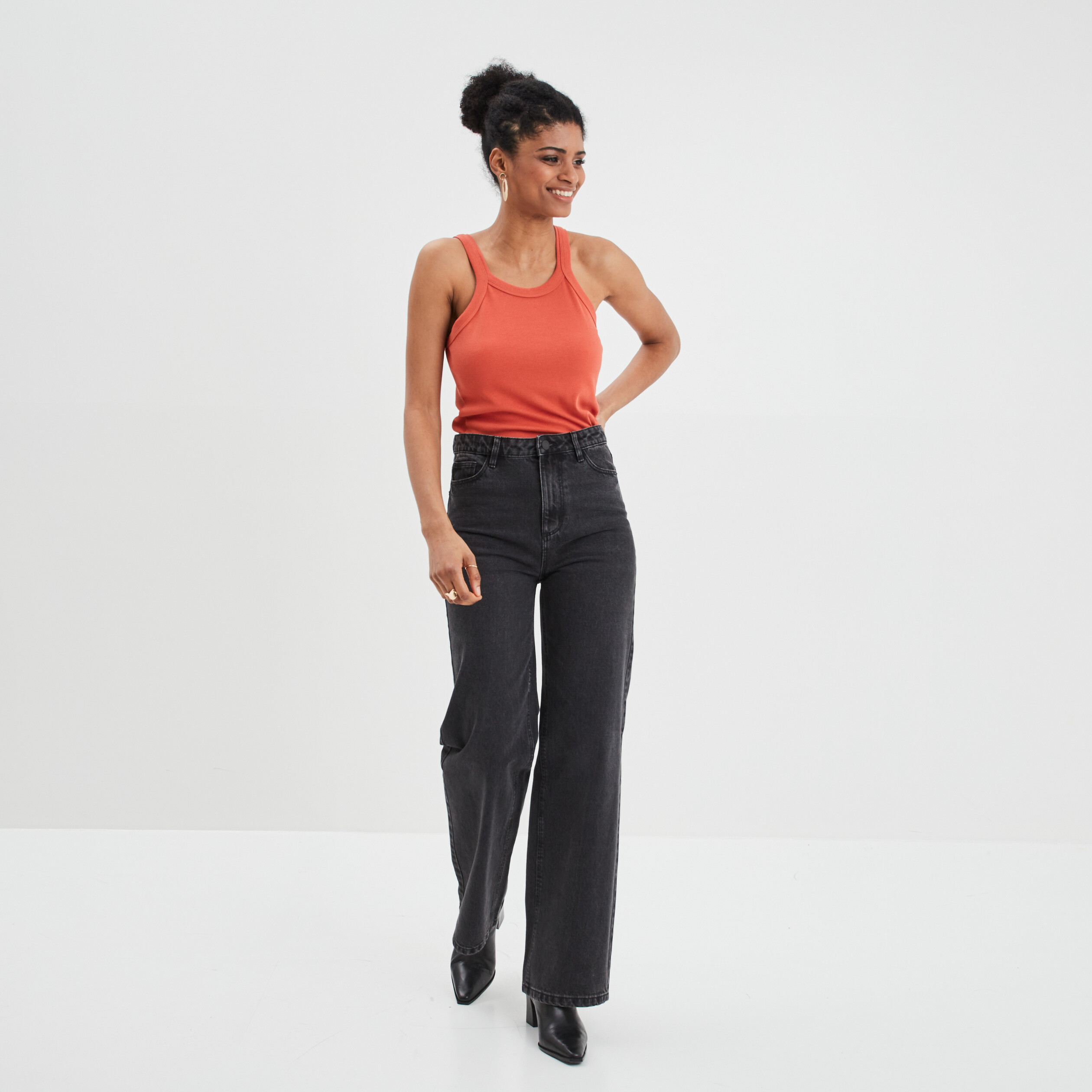 Débardeur côtelé encolure américaine orange foncé femme | La Halle