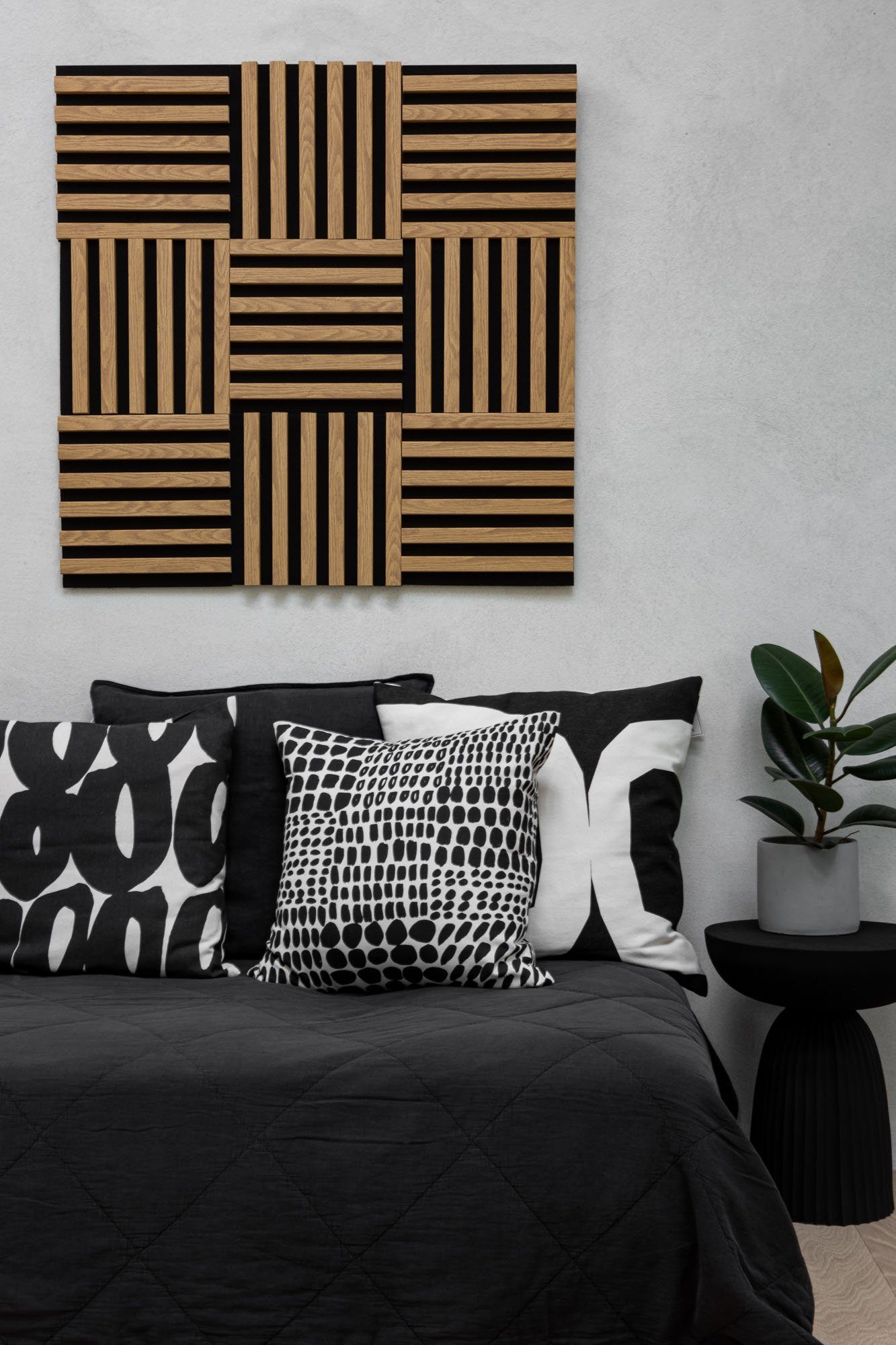 marbet design Wandpaneel, (Akustikpaneele Akustikquadrate 30x30cm Wandverkleidung Holz - (1 Paneel, schwarz - Eiche hell) horizontal aus MDF Deckenverkleidung)