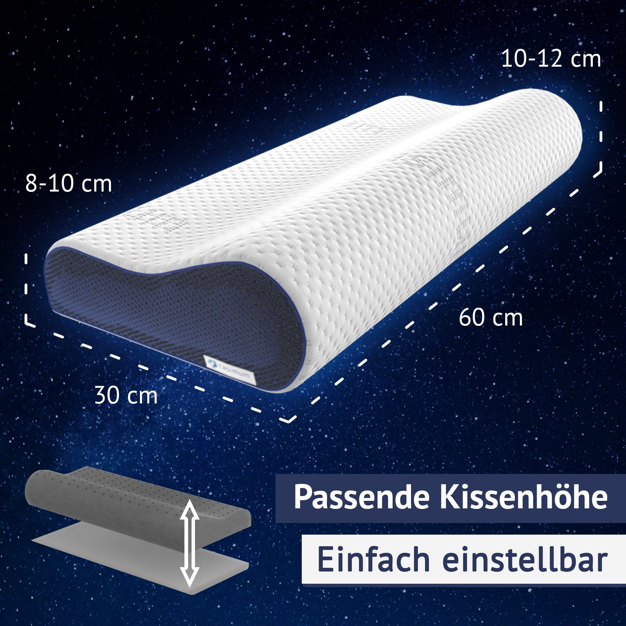 Nackenstützkissen Ergo Vario, casimum, Füllung: Memory Foam, Bezug: Ohne, ergonomisches Nackenstützkissen, höhenverstellbar 60x30, ohne Bezug