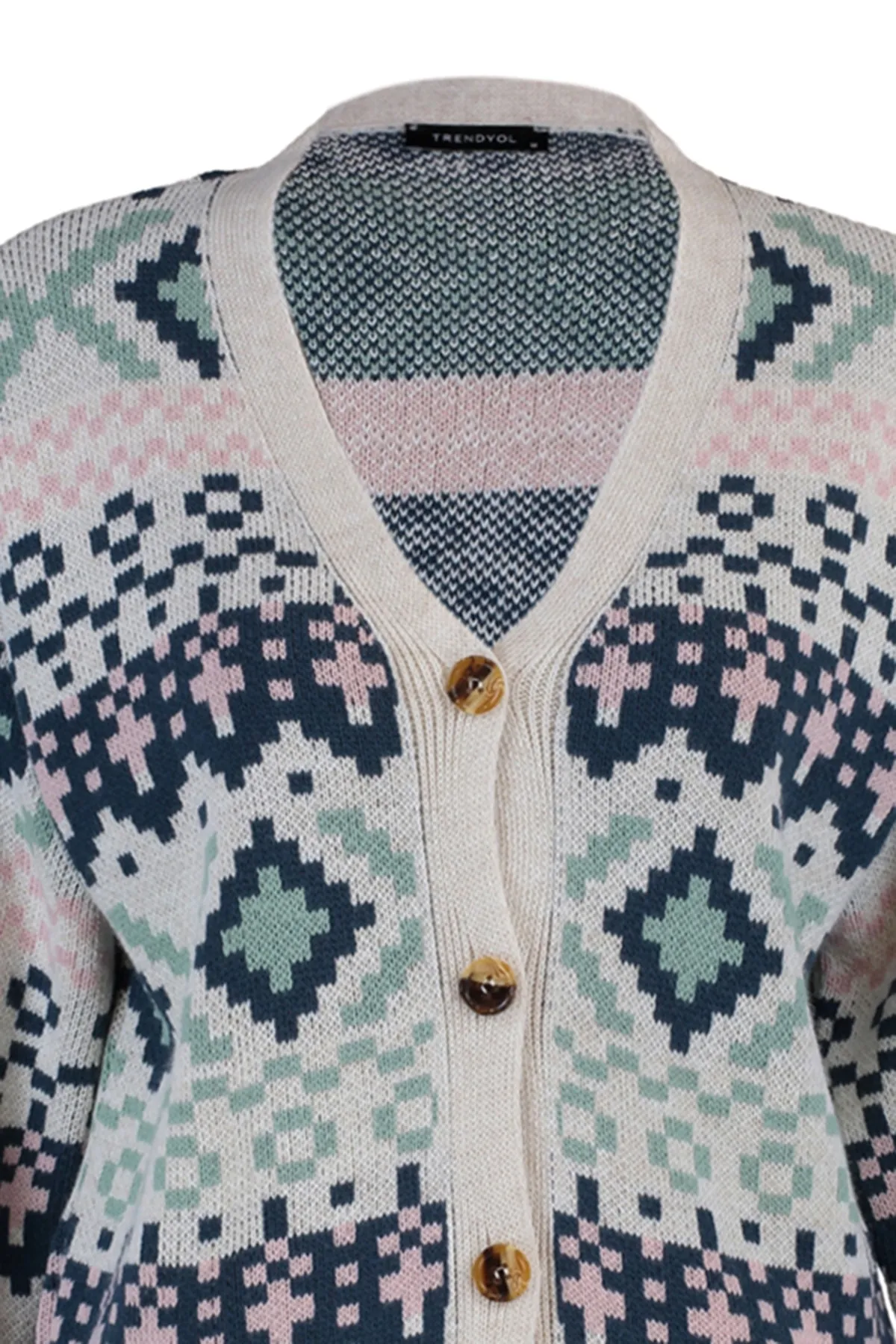 Trendyol Collection  Steinfarbene, gemusterte Strickjacke aus Strick TWOAW22HI0329