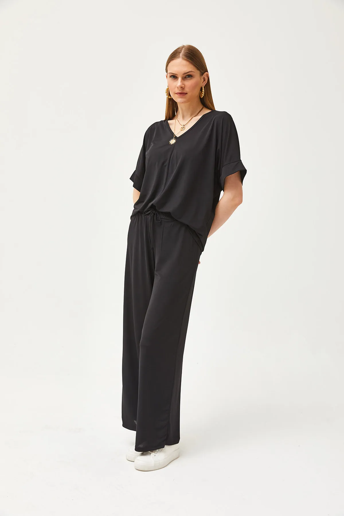 Olalook  Schwarzes Top-Bluse-Unterteil für Damen, locker gestricktes Palazzo-Set TKM-19000267