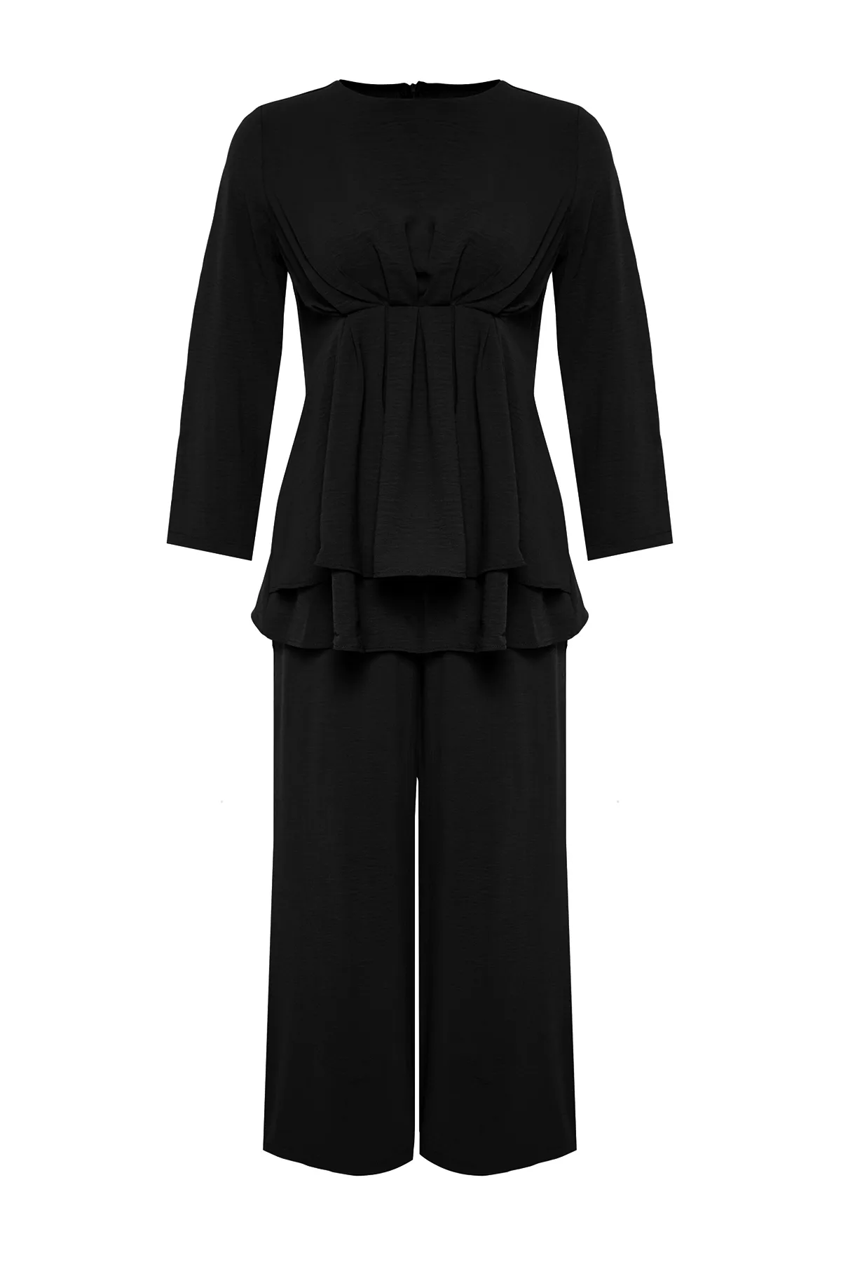 Trendyol Modest  Schwarzes Aerobin-Tunika-Set mit Kordelzug, Hose, gewebtem Unterteil und Oberteil TCTSS24US00009