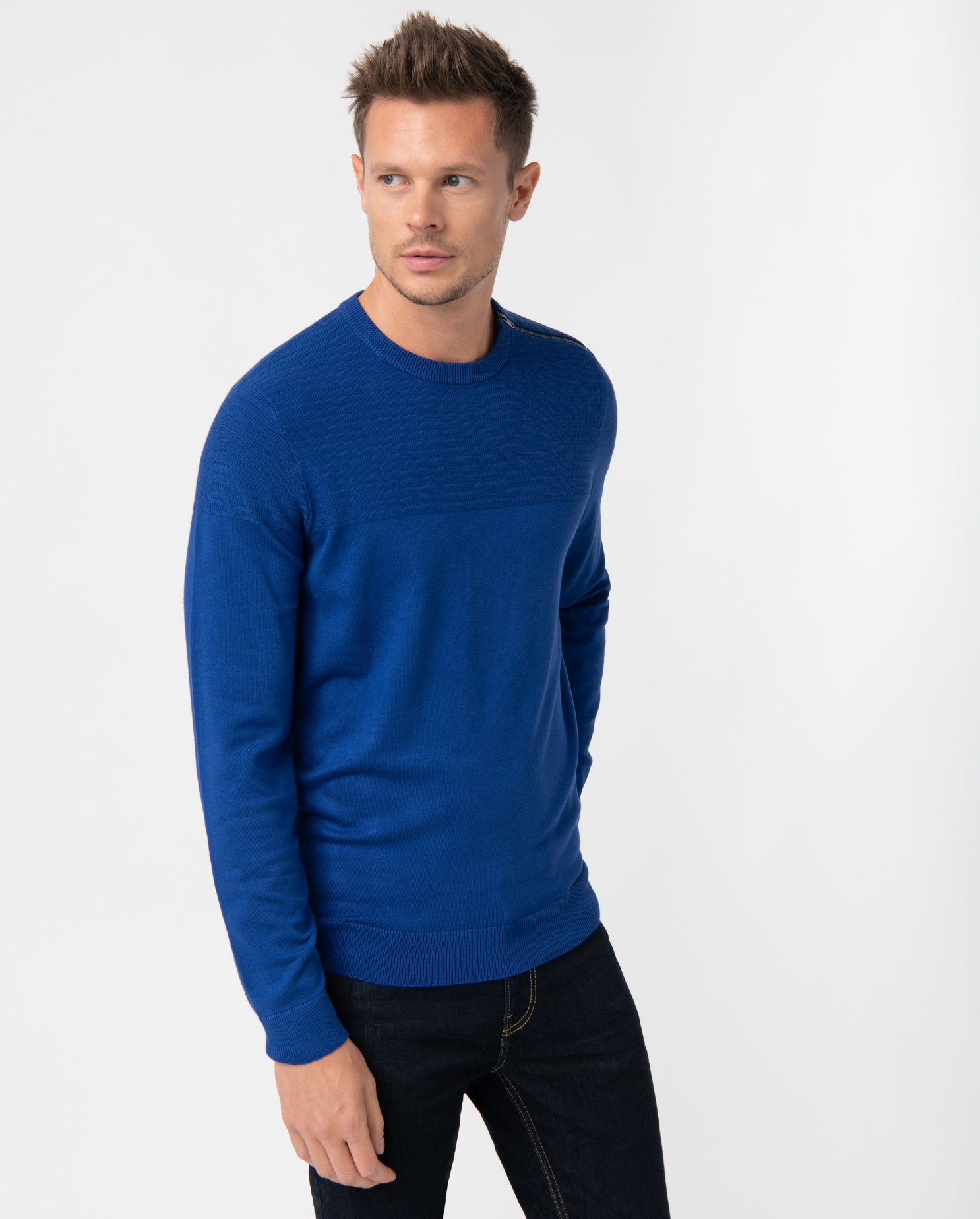 Pull homme à col rond avec zip sur l'épaule bleu | GEMO