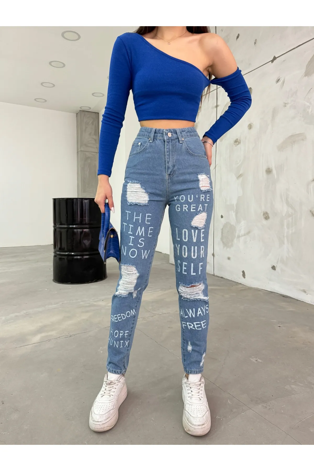 BİKELİFE  Blaue, zerrissene, detaillierte Mom-Damenjeans mit hoher Taille