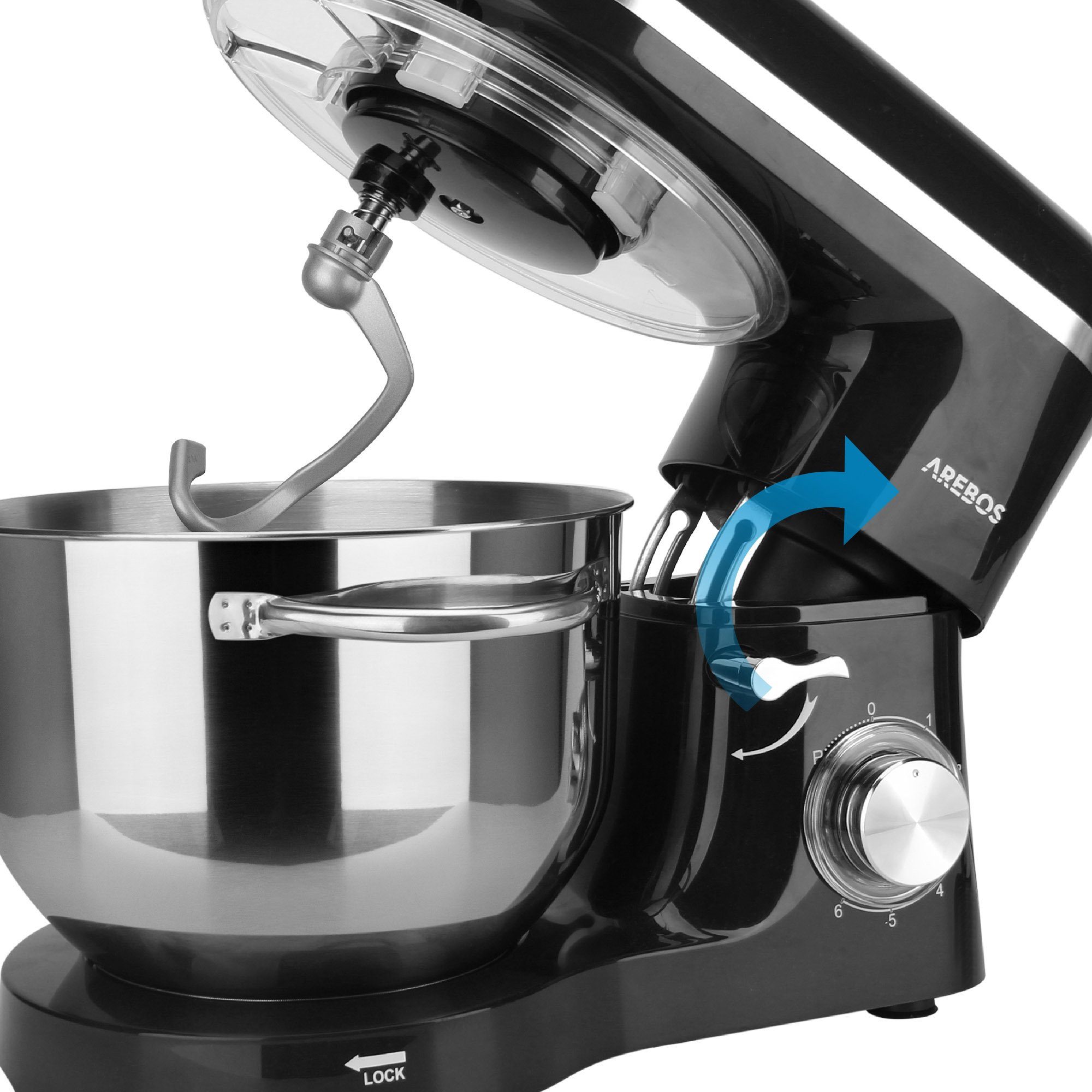 Arebos Küchenmaschine mit 6L, Edelstahl-Rührschüssel, 3 Farben, 1500 W