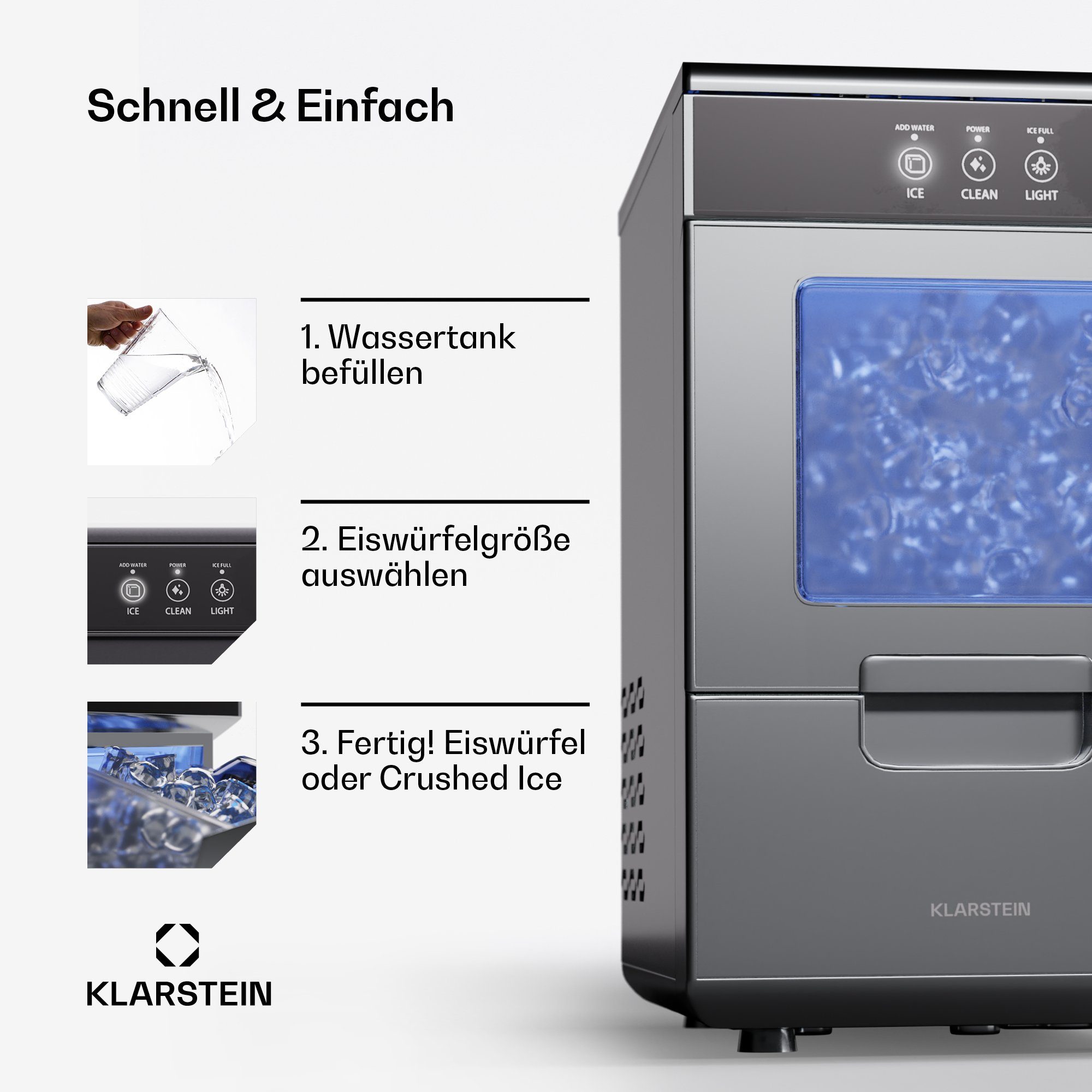 Klarstein Eiswürfelmaschine Ice Galet, Elektrischer Eiswürfelbereiter Eismachinen Wassertank 2,2 L