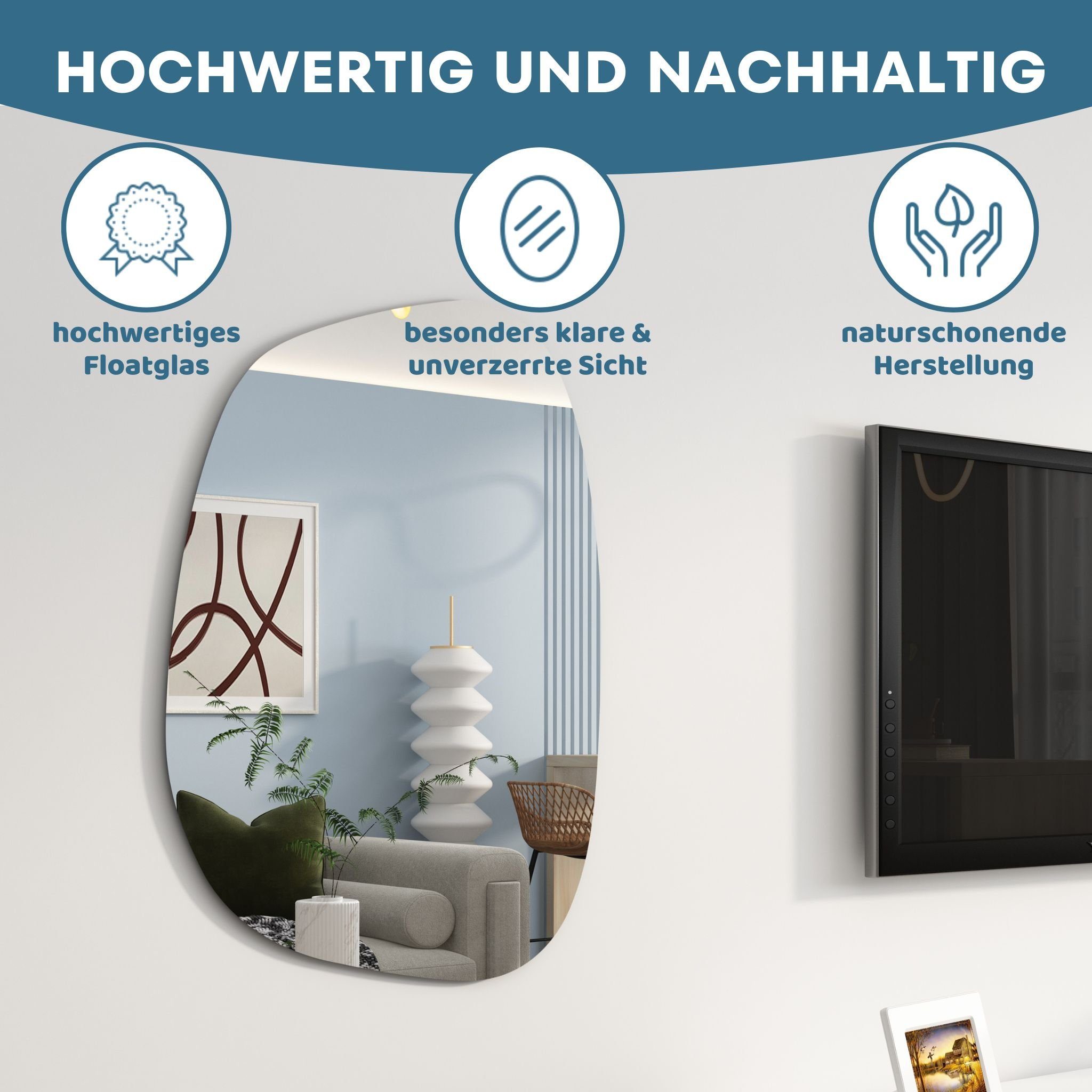 Albatros International Spiegel Albatros Designerspiegel Asymmetrisch (60 x 45cm), Wandspiegel Türspiegel, moderne Form Groß Asymmetrischer rahmenlos