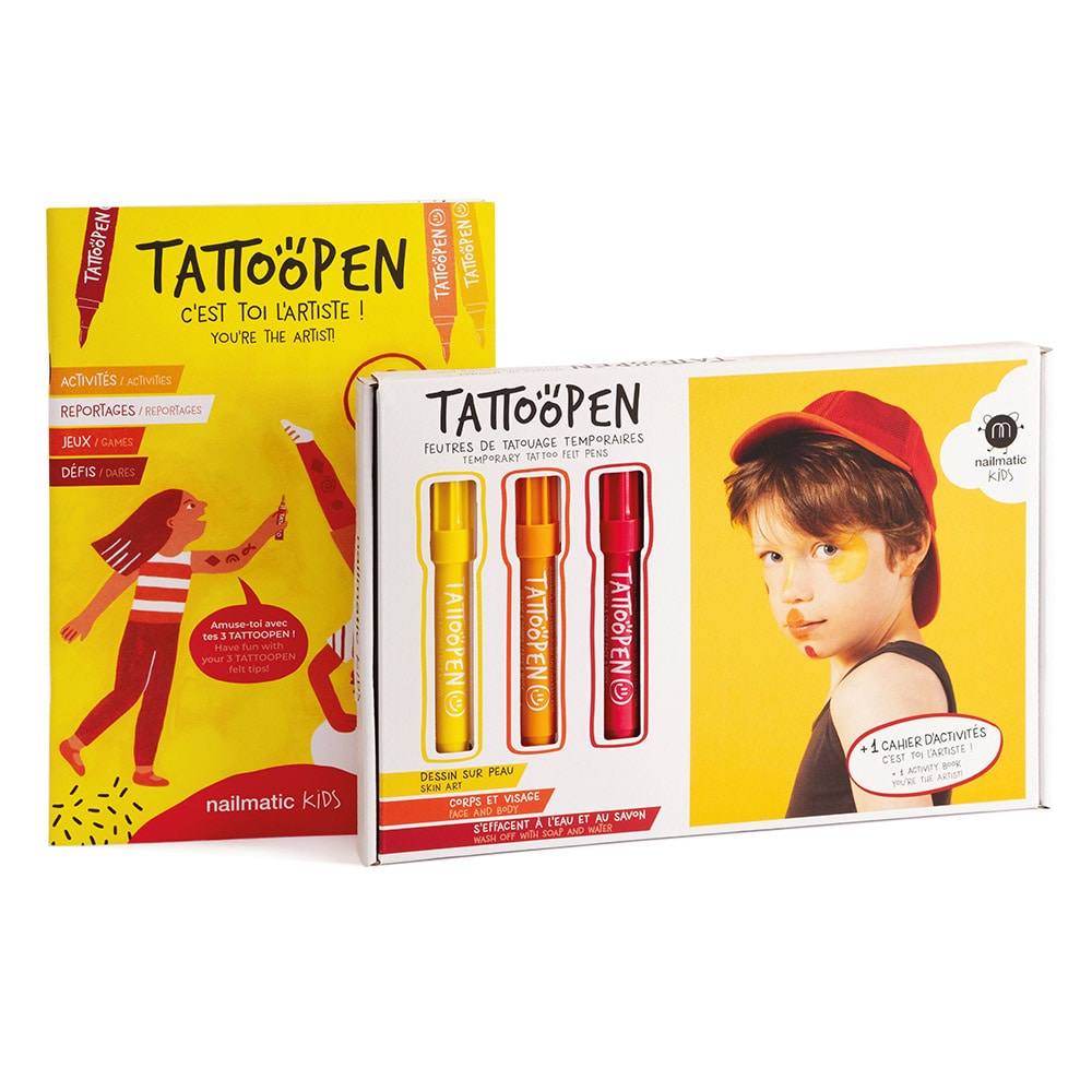 nailmatic Kit TATTOOPEN C'est Toi l'Artiste Coffret avec 3 feutres de tatouage temporaire et un cahier d'activitié