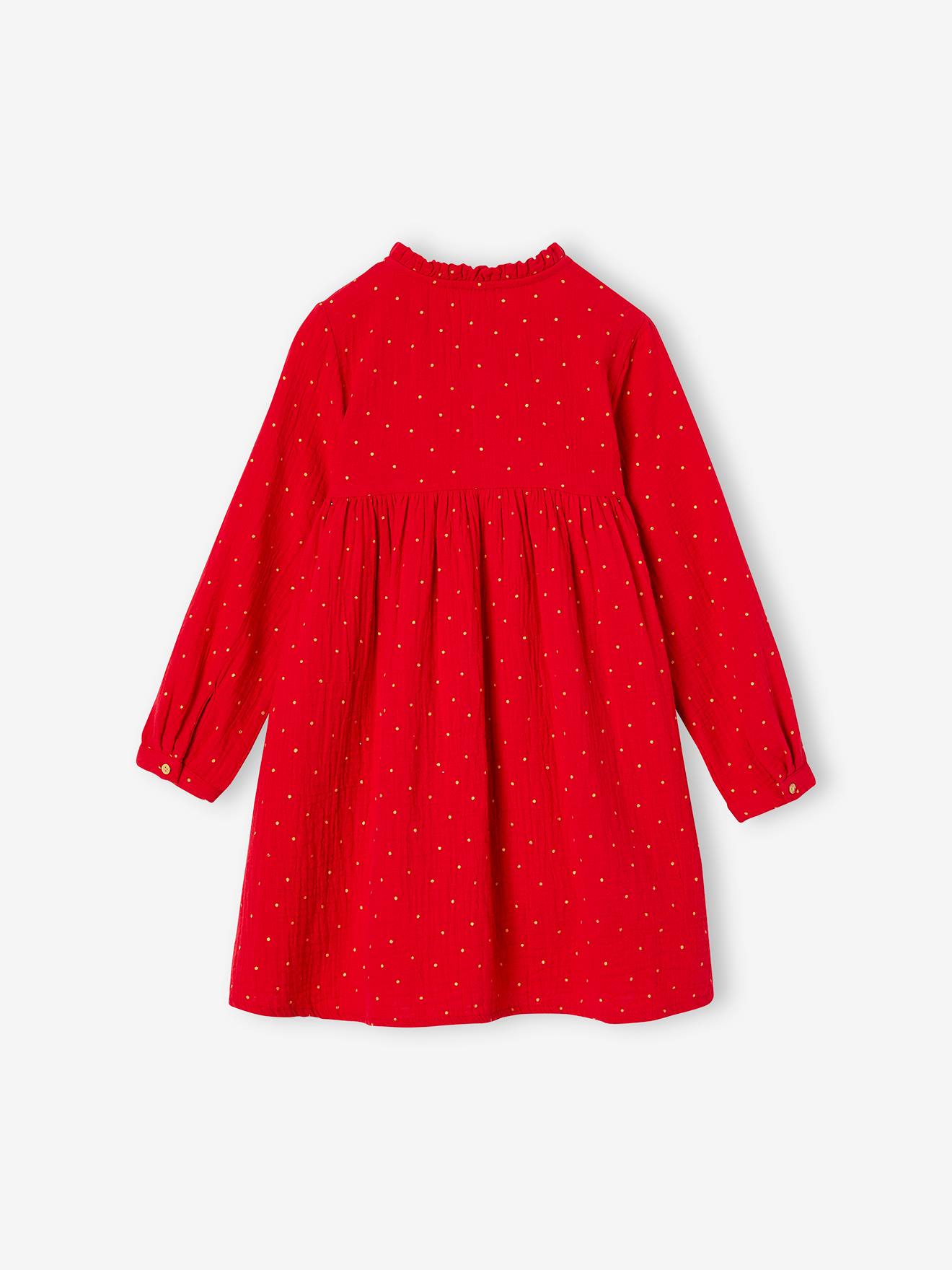 Vertbaudet Mädchen Kleid mit Glanztupfen, Musselin - grün bedruckt