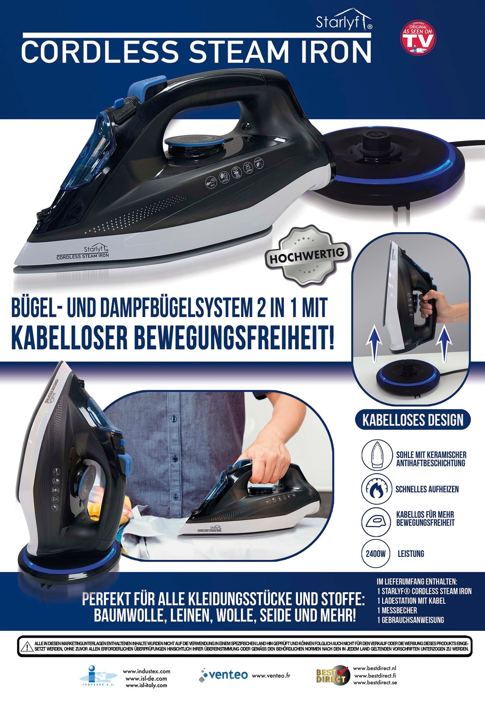 Starlyf Dampfbügeleisen Cordless Steam Iron, 2400 W, kabelloses Bügeleisen, Sohle mit keramischer Antihaftbeschichtung