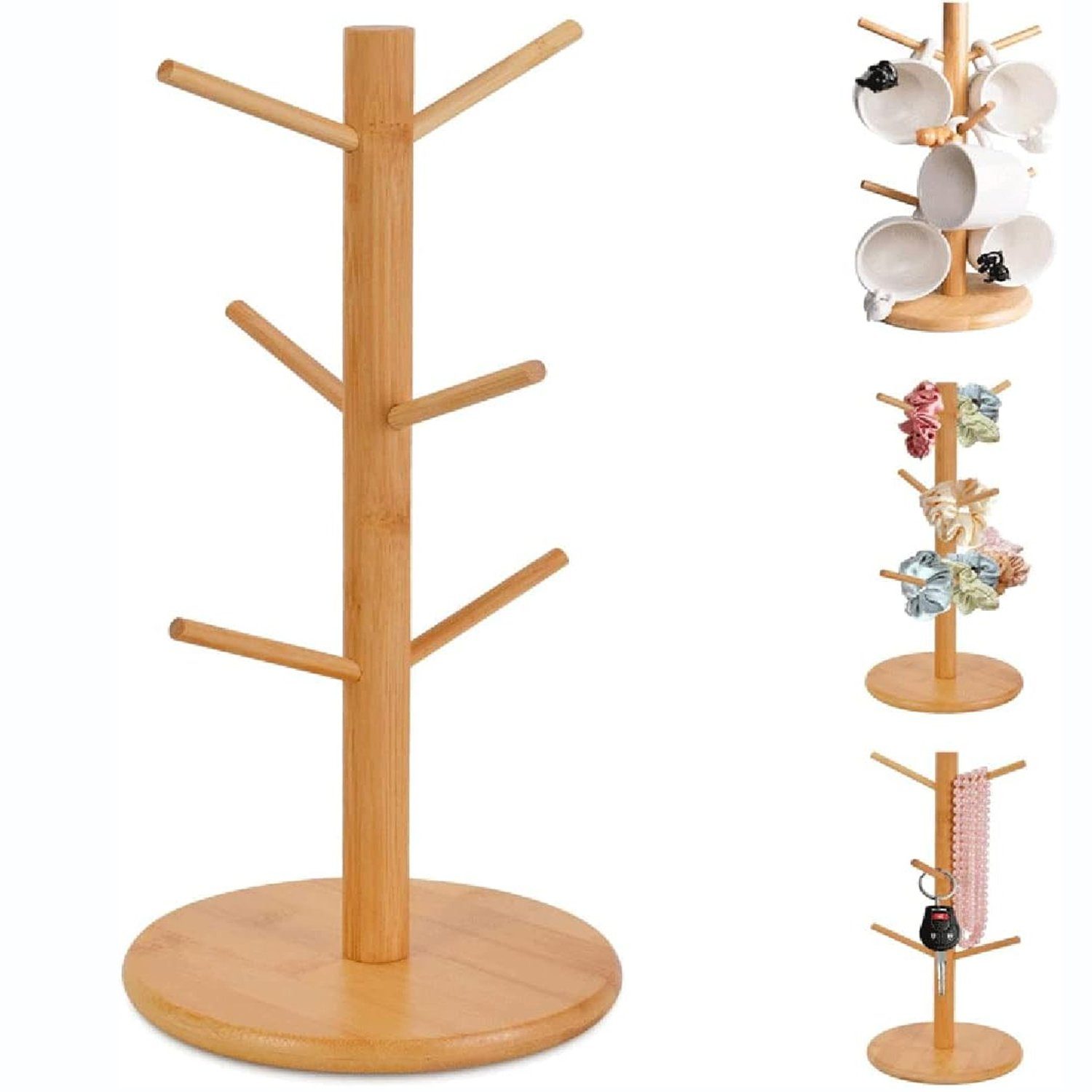 Bedee Gläserhalter Tassenhalter Becherhalter Bambus, Kaffee Tassenhalter mit 6 Haken (Baum Becher Halter Baum Kaffeebecher Gestell Getränkehalter, 1 St., Brezelständer aus Bambus), Rack Regal für Küche Zähler und Display Besteck Lagerung und Trocknun