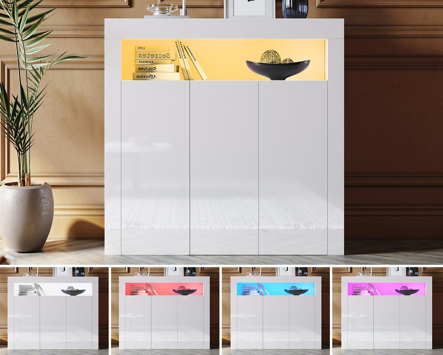 SONNI Kommode Sideboard Weiß Hochglanz mit LED Beleuchtung, Kommodenschrank Sideboard für Küche und Esszimmer, Wohnzimmer