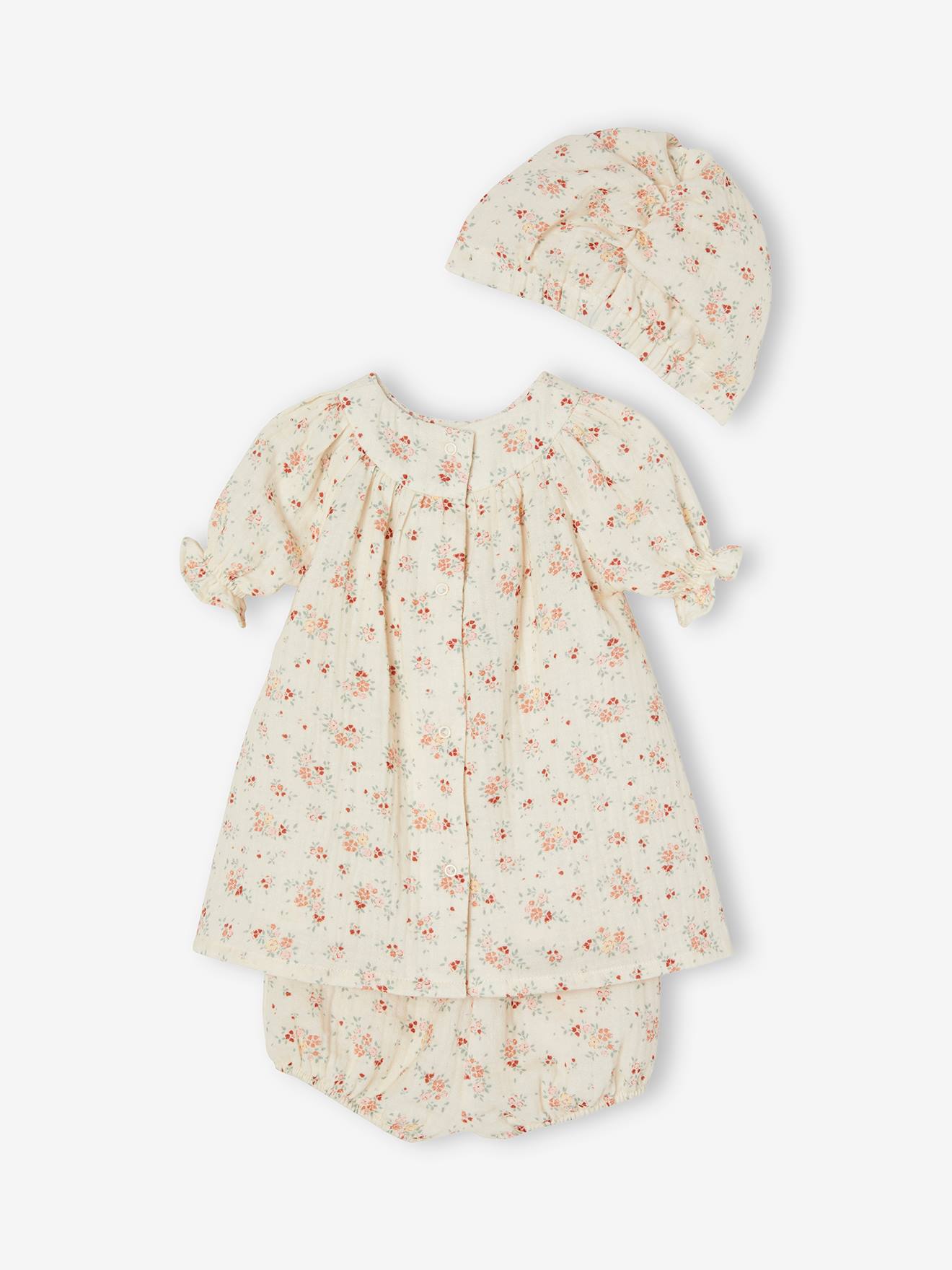 Ensemble bébé 3 pièces en gaze de coton : robe + bloomer + turban écru