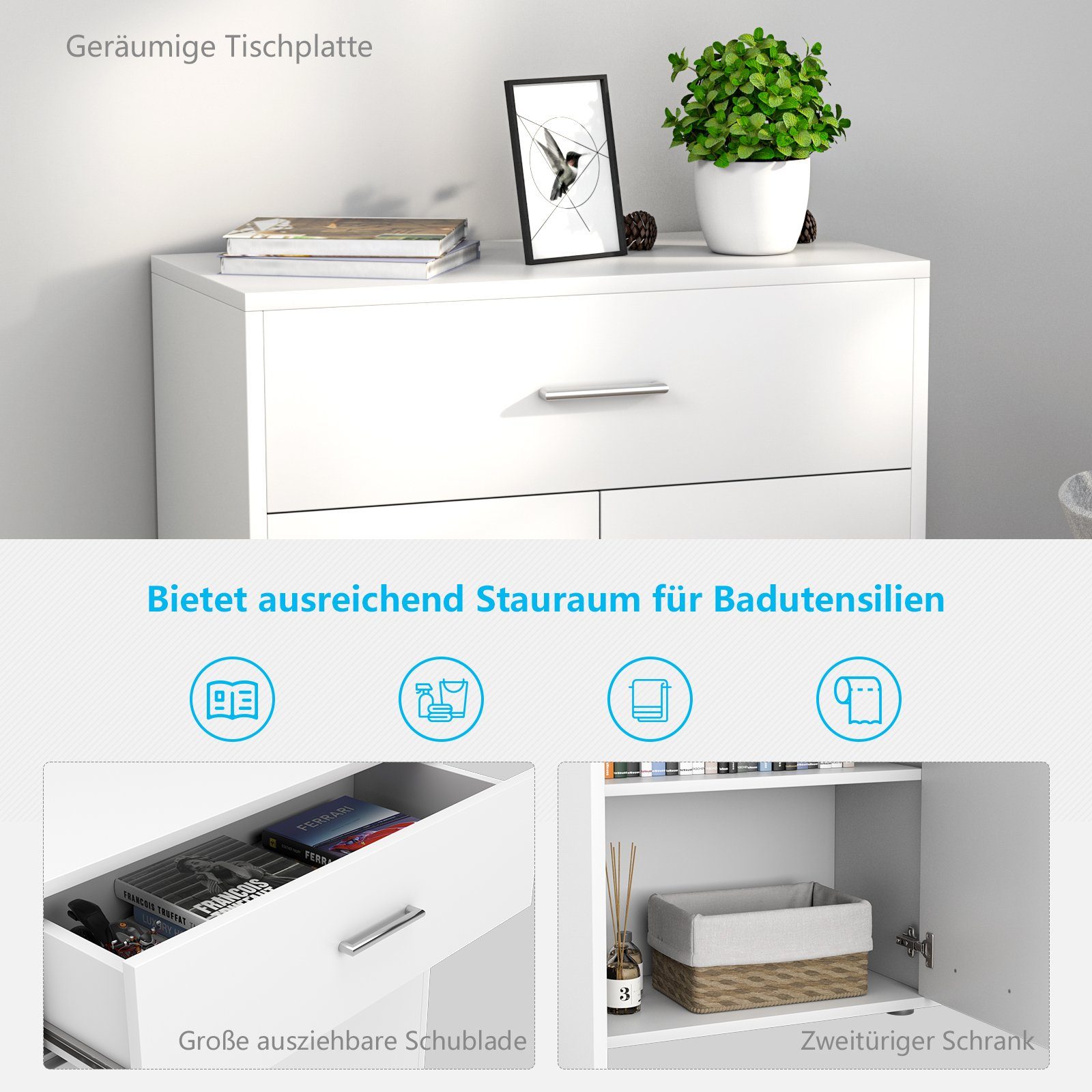 COSTWAY Badkommode, mit Schublade und Unterschrank, 60x29x82cm, weiß