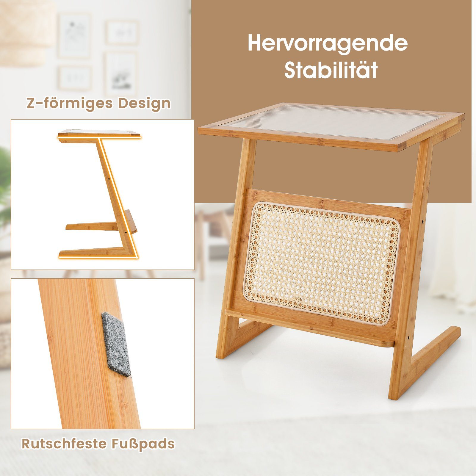 COSTWAY Beistelltisch, Bambus, Z-förmig, mit Rattan-Ablage & Glasplatte, Natur