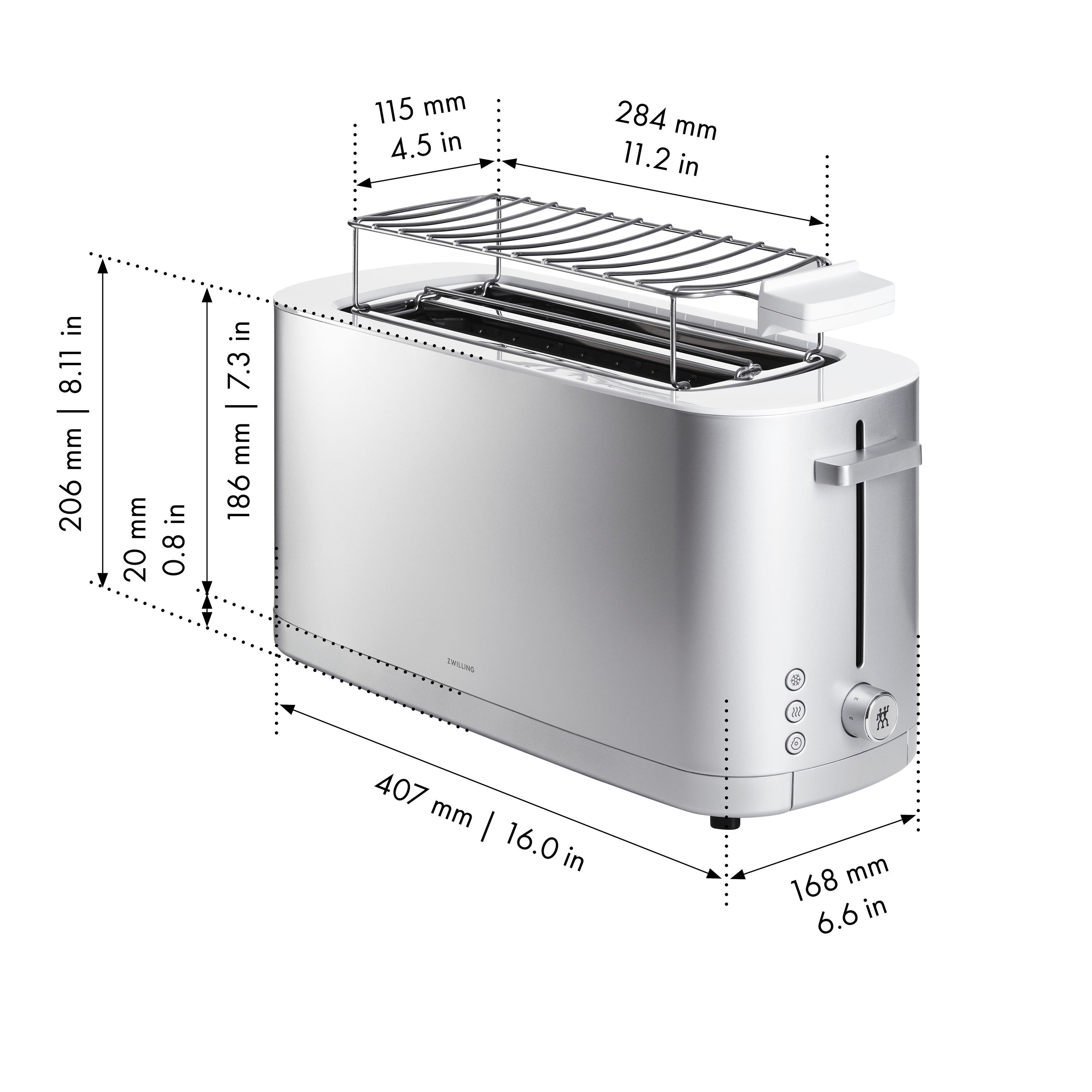 Toaster mit Brötchenaufsatz, 2 Schlitze lang, Silber