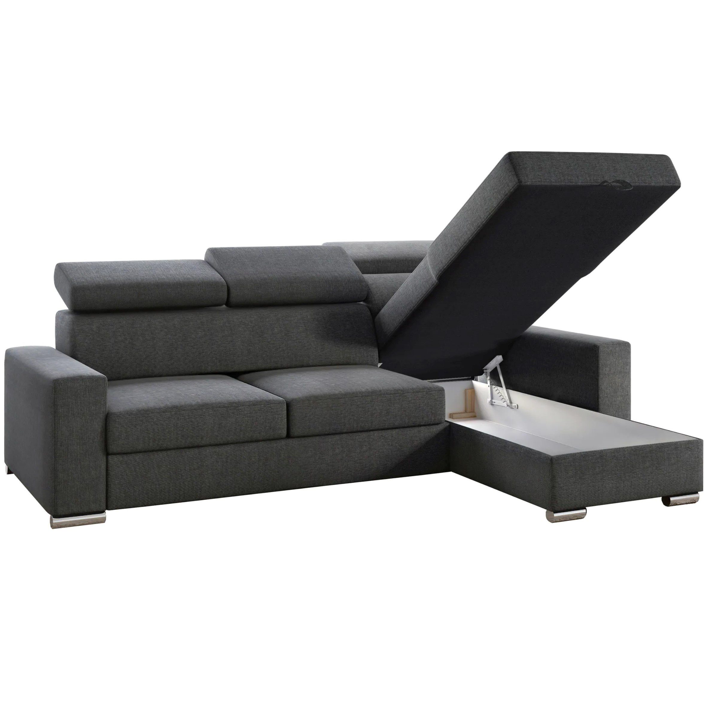Möbel Punkt Ecksofa Ecksofa TOKIO Webstoff Grau oder Schwarz mit Bett und Bettkasten, Rechts und Links universell aufbaubar, mit Bettfunktion